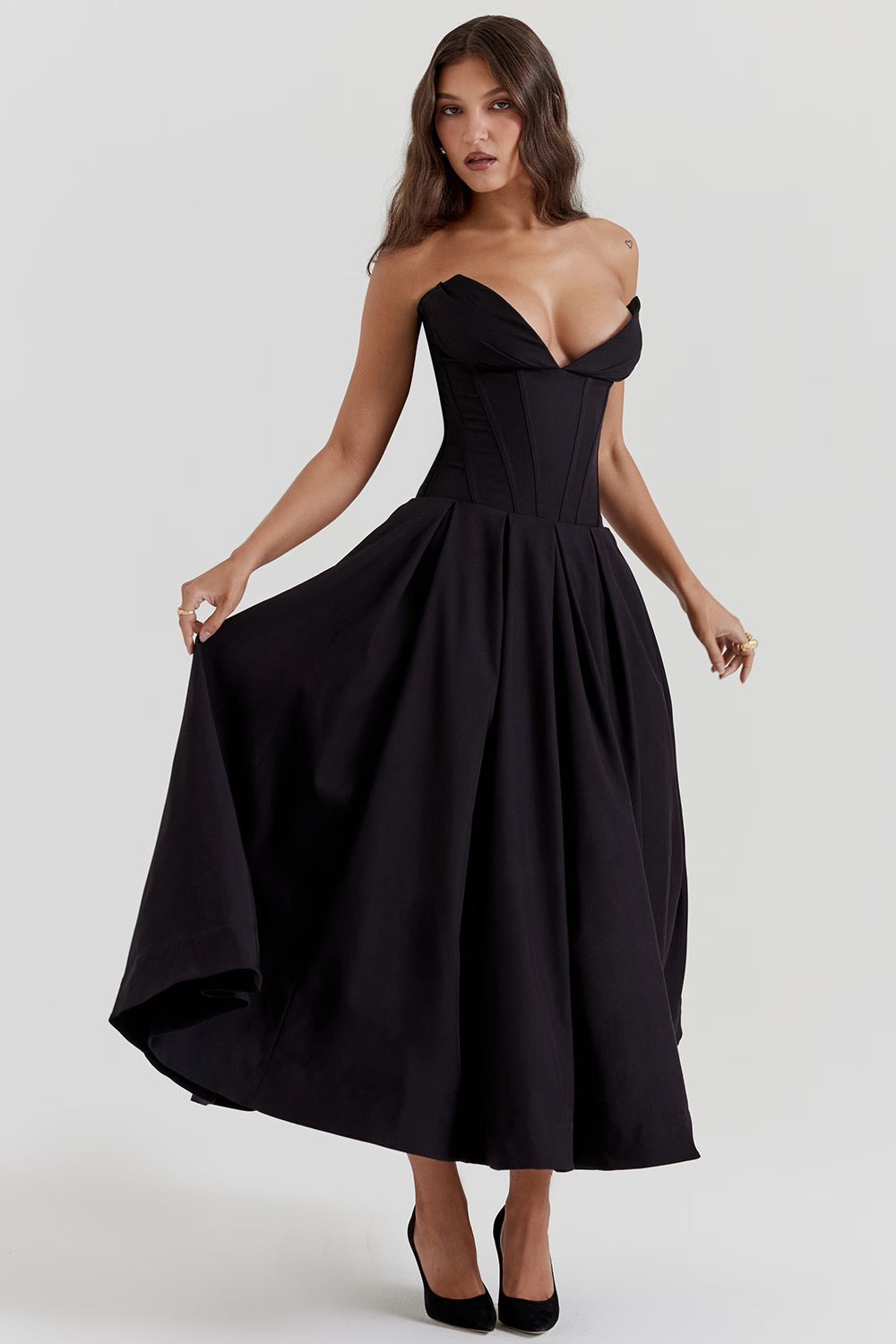 Black Pleated Boned Midi Dress Women UK – Romantic Silhouette Wedding Guest Evening Gown, Cocktail