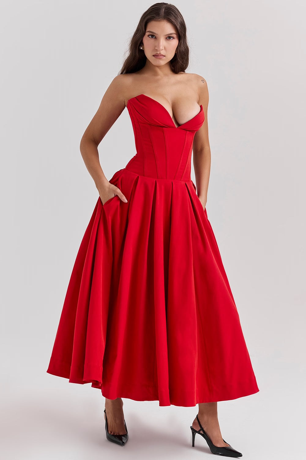 Black Pleated Boned Midi Dress Women UK – Romantic Silhouette Wedding Guest Evening Gown, Cocktail