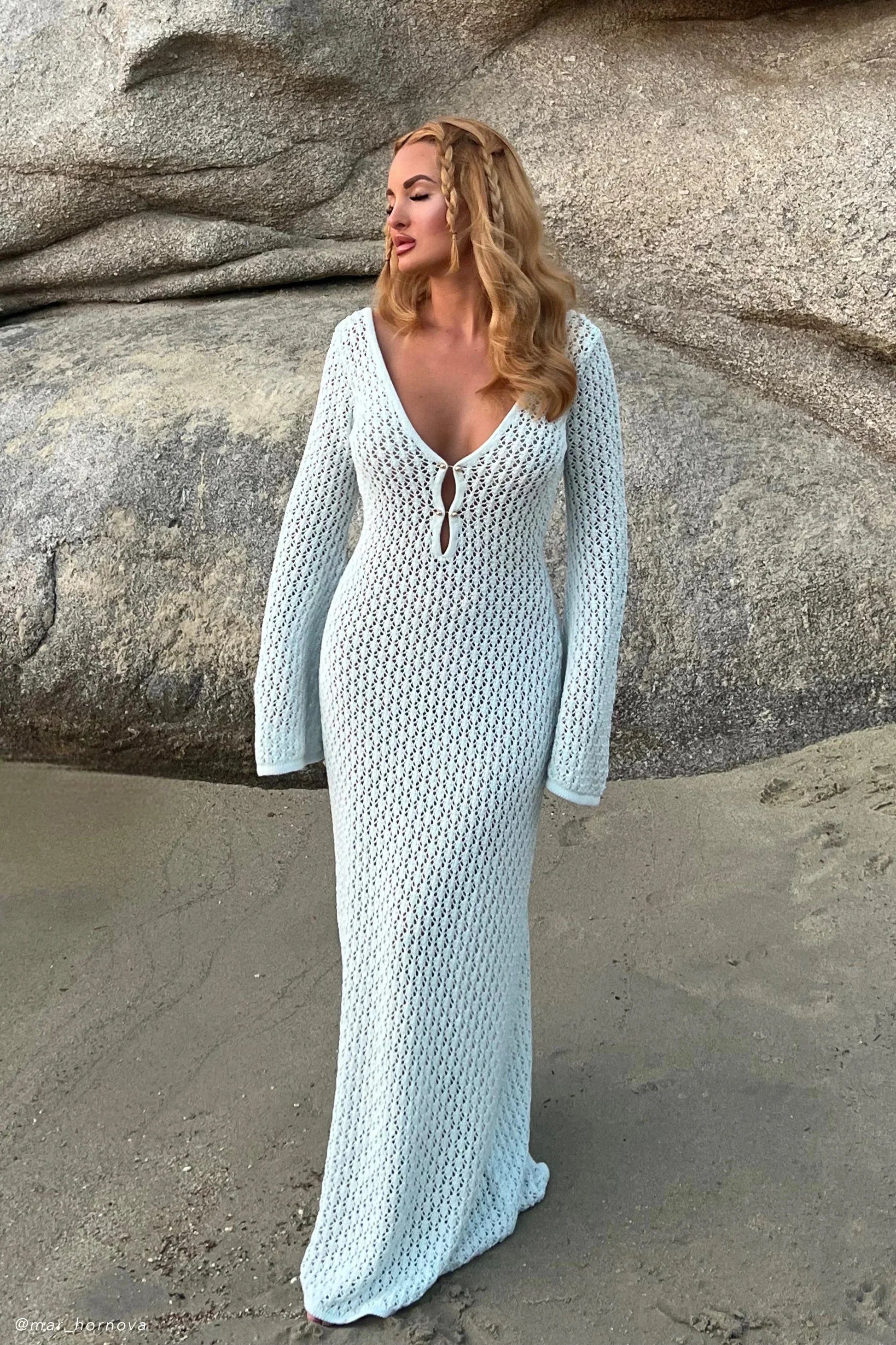 Flared Sleeve Open-Knit Maxi Dress | Lightweight Summer Casual Wear
