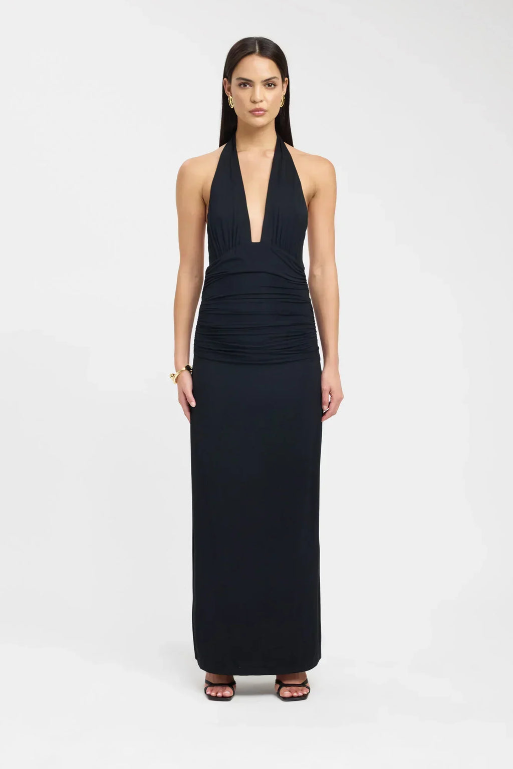 Plunging Maxi Dress with Ruched Back - Elegant Evening Wear for Women