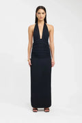 Plunging Maxi Dress with Ruched Back - Elegant Evening Wear for Women