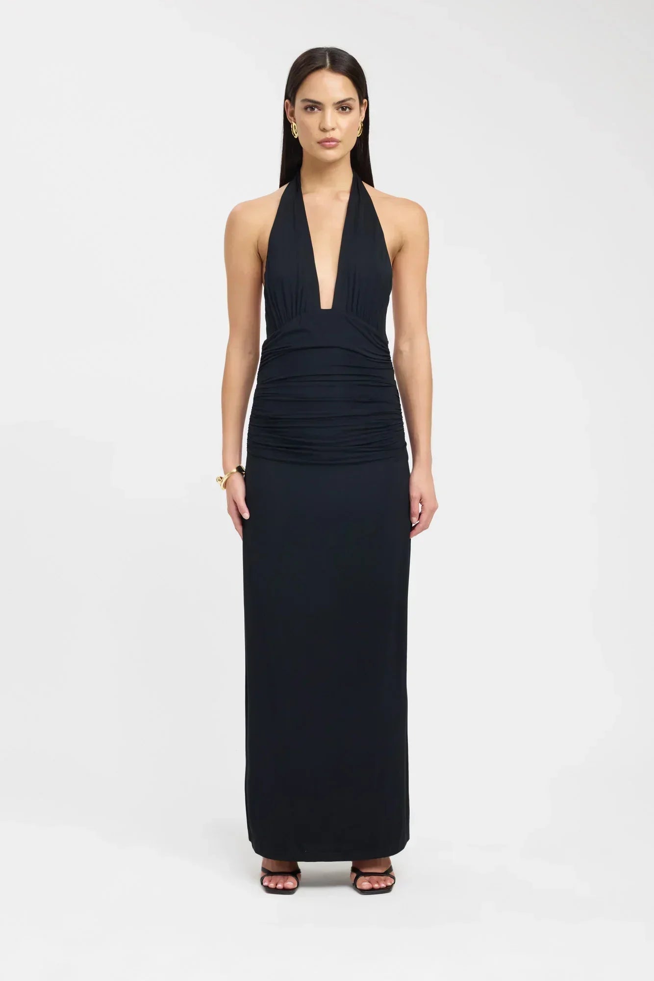 Plunging Maxi Dress with Ruched Back - Elegant Evening Wear for Women
