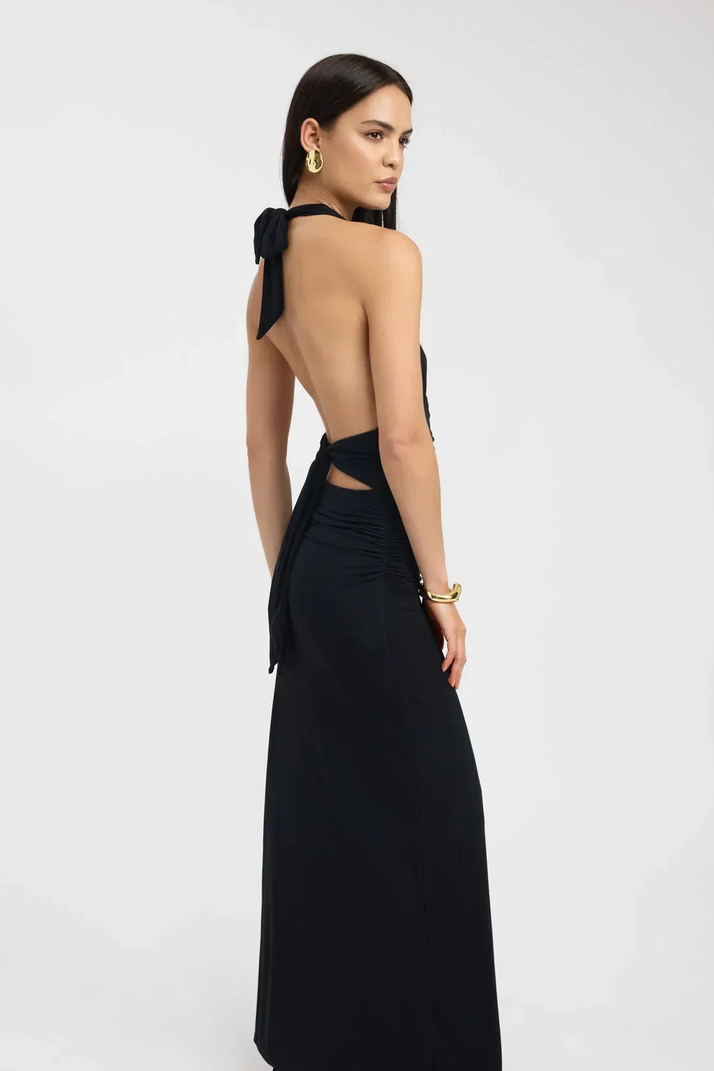 Plunging Maxi Dress with Ruched Back - Elegant Evening Wear for Women
