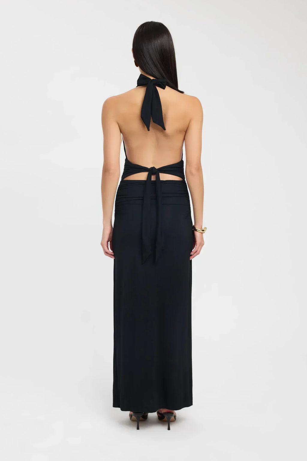 Plunging Maxi Dress with Ruched Back - Elegant Evening Wear for Women