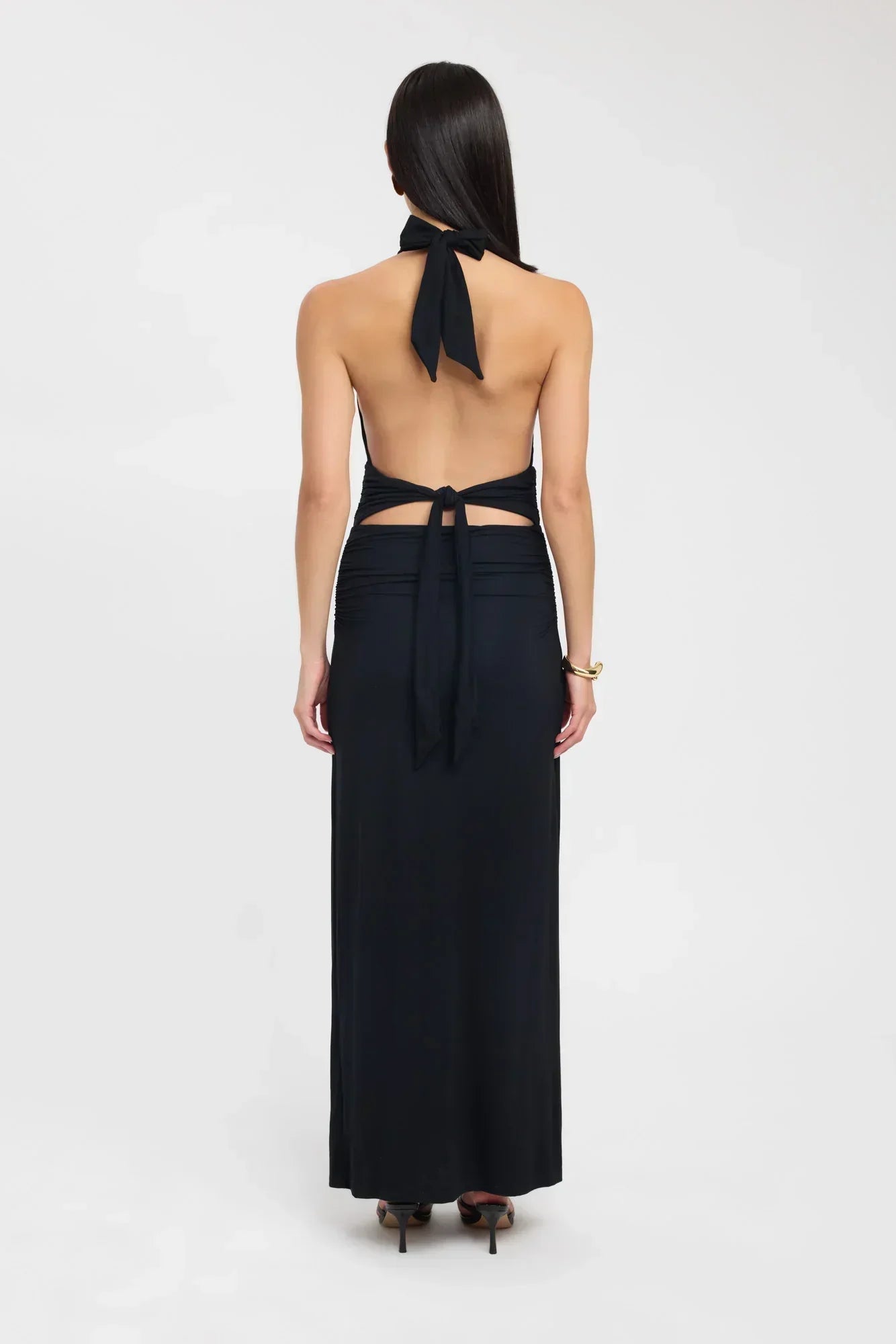 Plunging Maxi Dress with Ruched Back - Elegant Evening Wear for Women