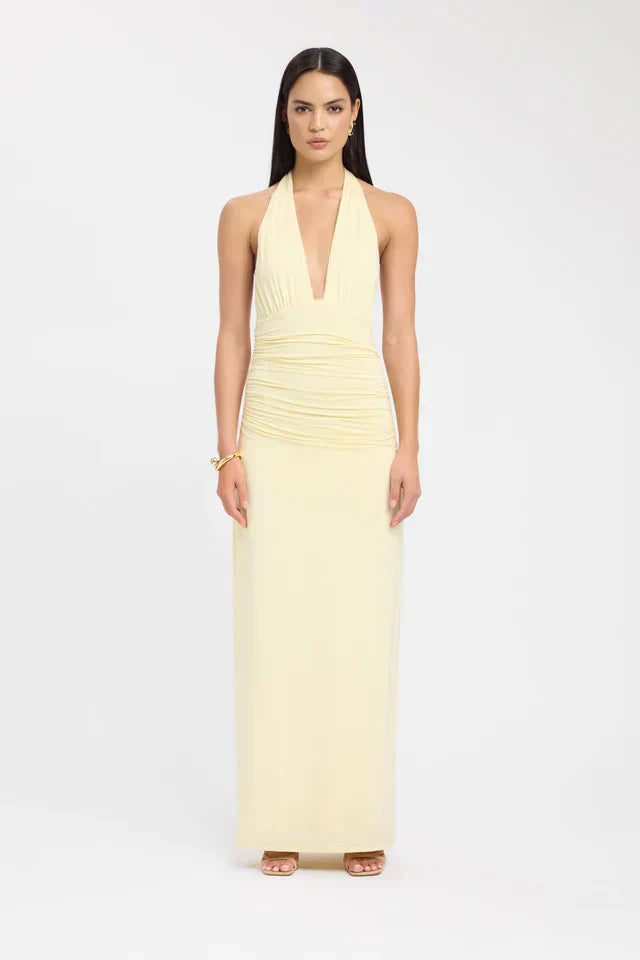 Plunging Maxi Dress with Ruched Back - Elegant Evening Wear for Women