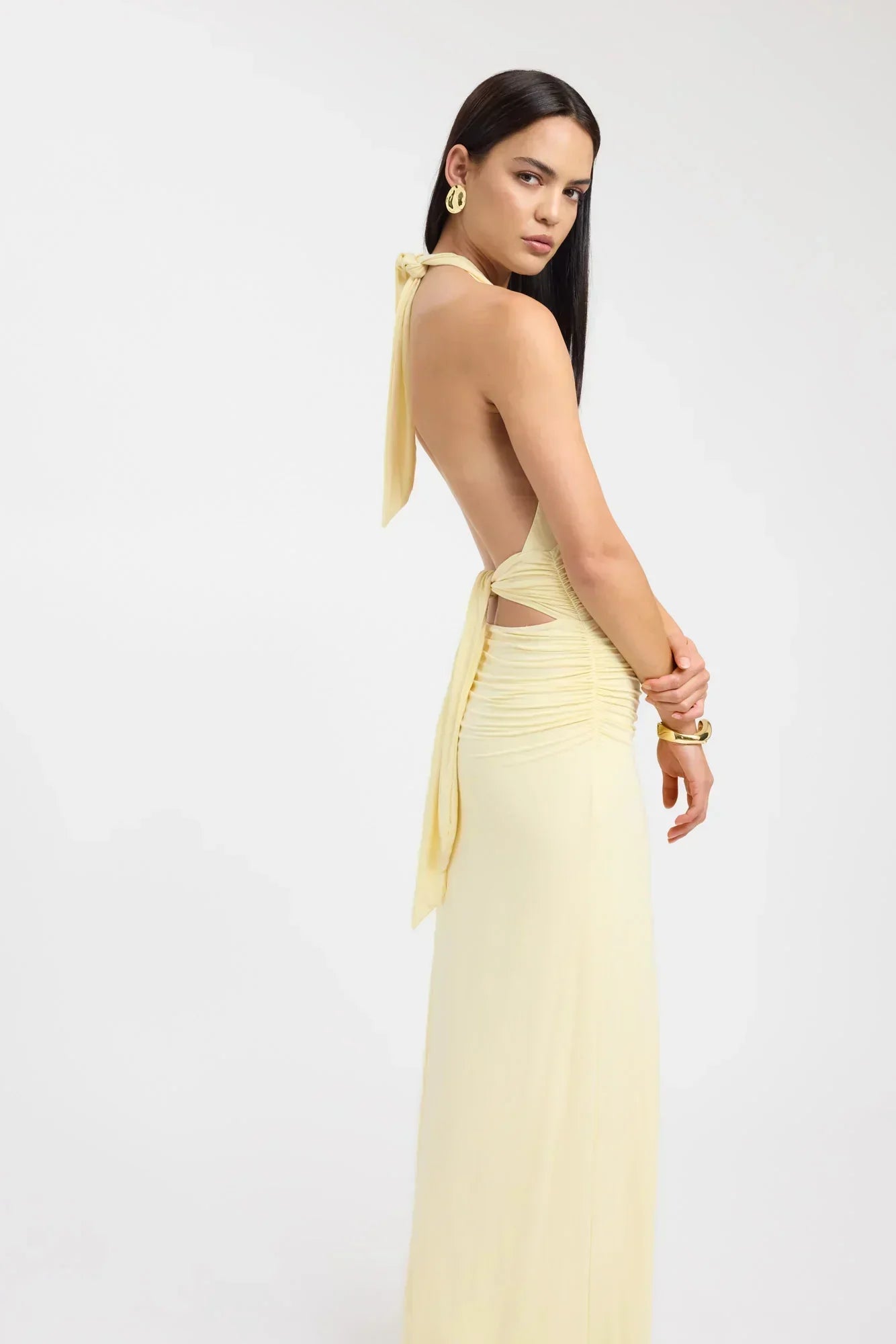 Plunging Maxi Dress with Ruched Back - Elegant Evening Wear for Women