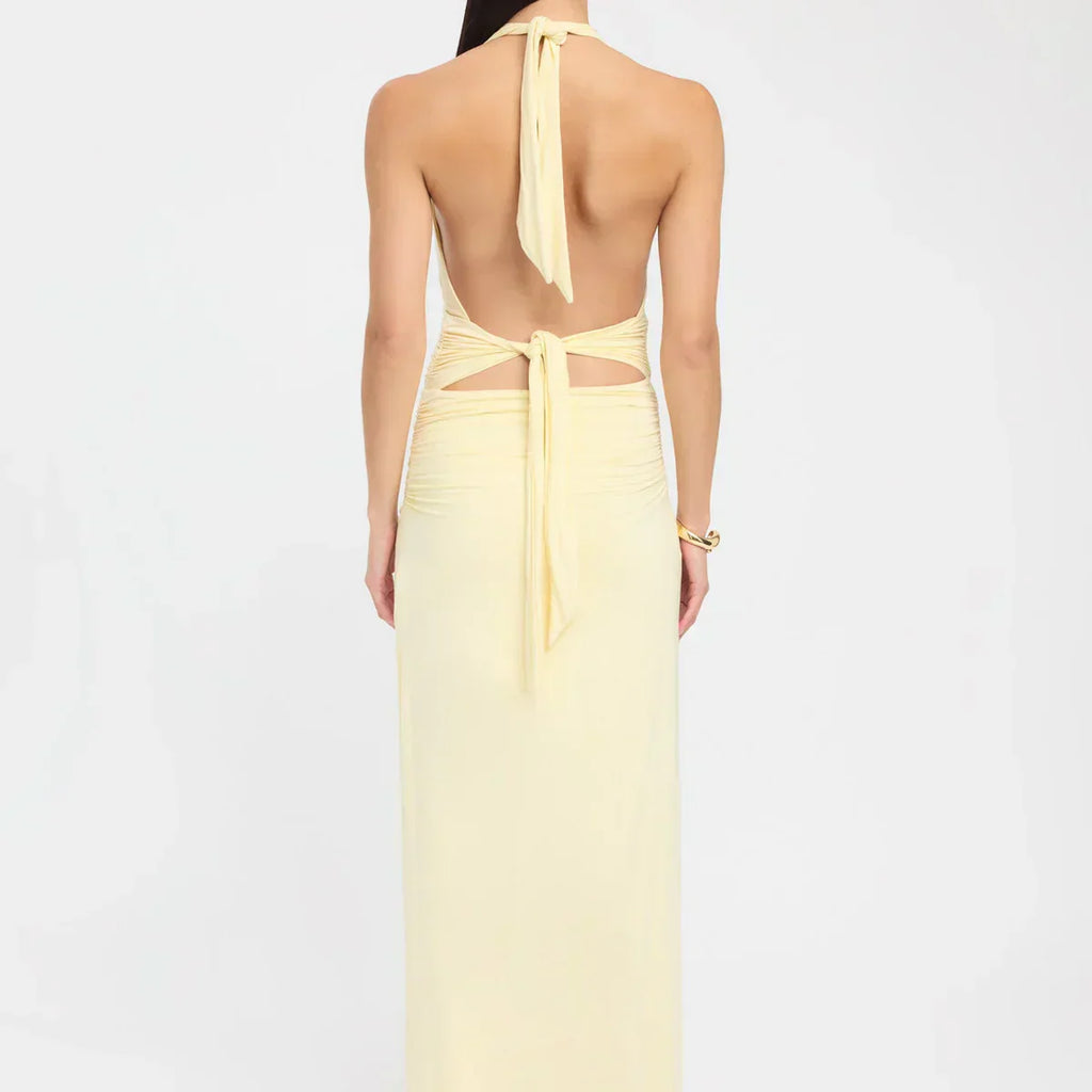 Plunging Maxi Dress with Ruched Back - Elegant Evening Wear for Women