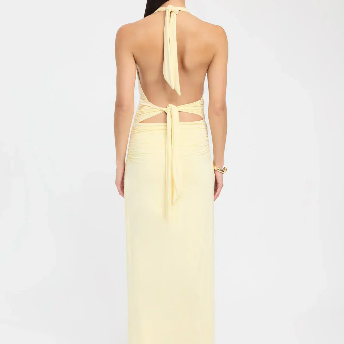 Plunging Maxi Dress with Ruched Back - Elegant Evening Wear for Women