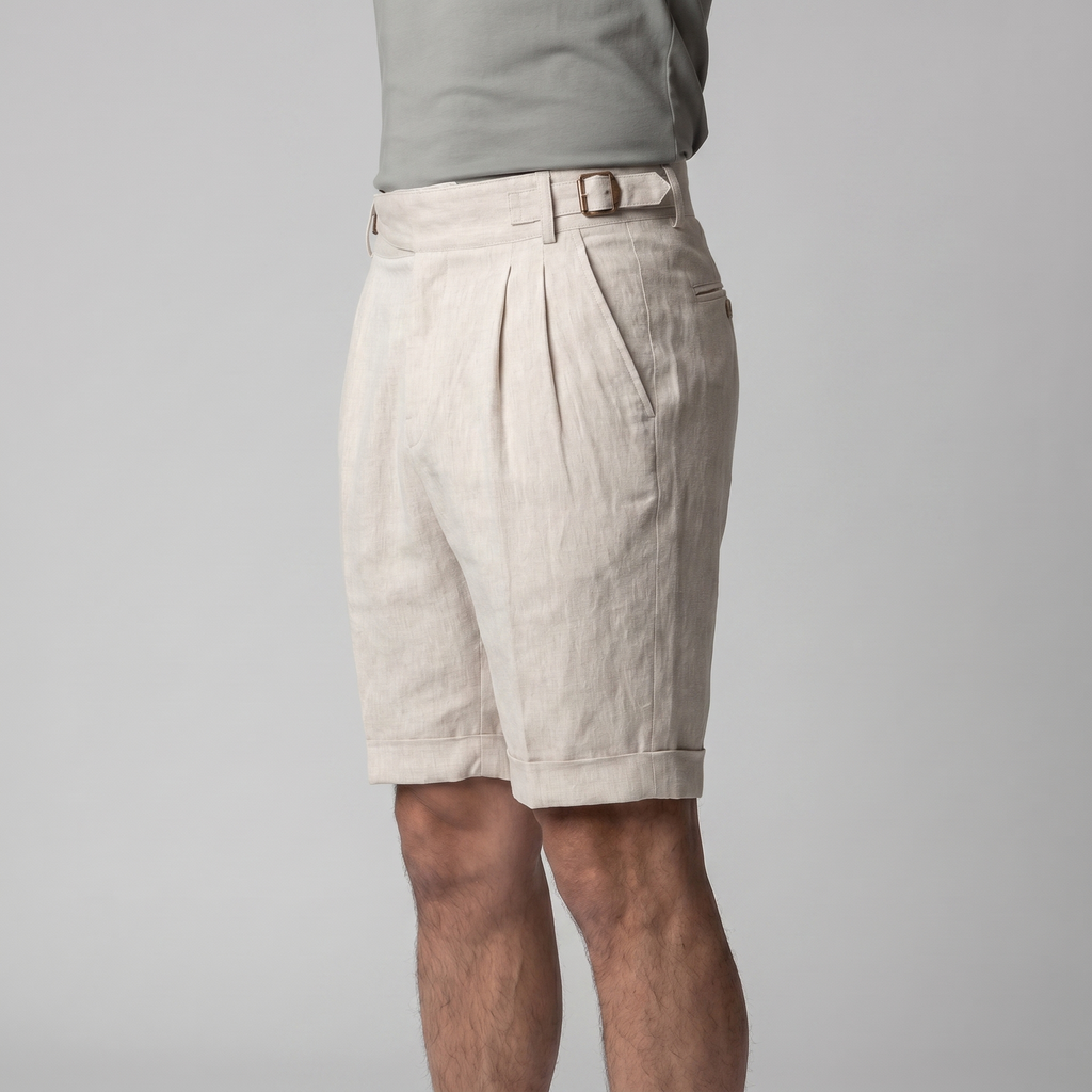 Linen Classic Men's Shorts with Adjustable Waist and Pleats for Casual Wear