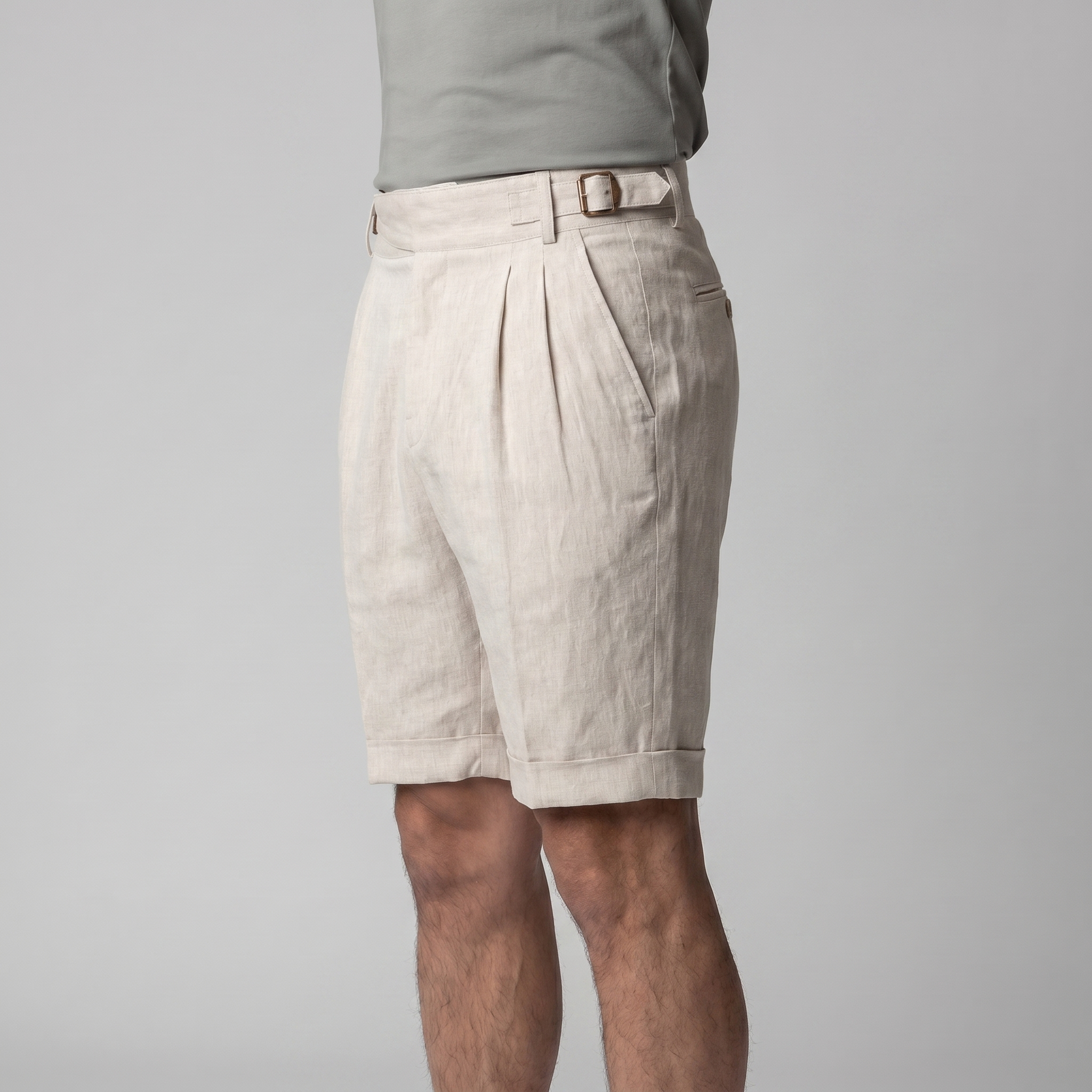 Linen Classic Men's Shorts with Adjustable Waist and Pleats for Casual Wear