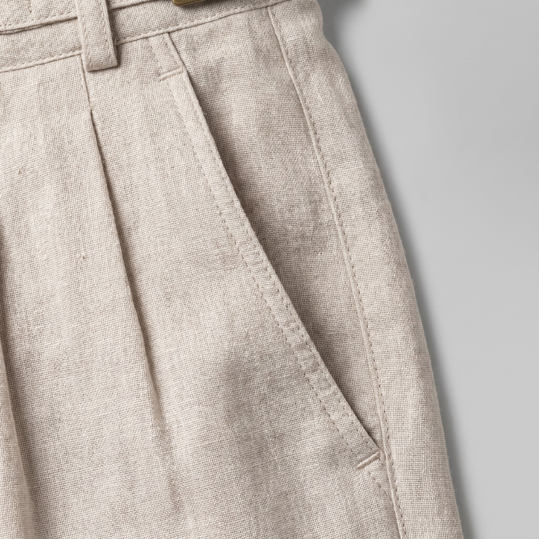 Linen Classic Men's Shorts with Adjustable Waist and Pleats for Casual Wear