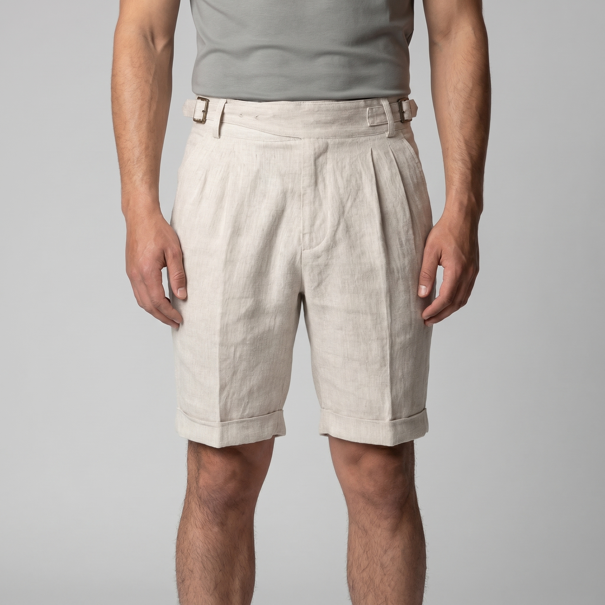 Linen Classic Men's Shorts with Adjustable Waist and Pleats for Casual Wear