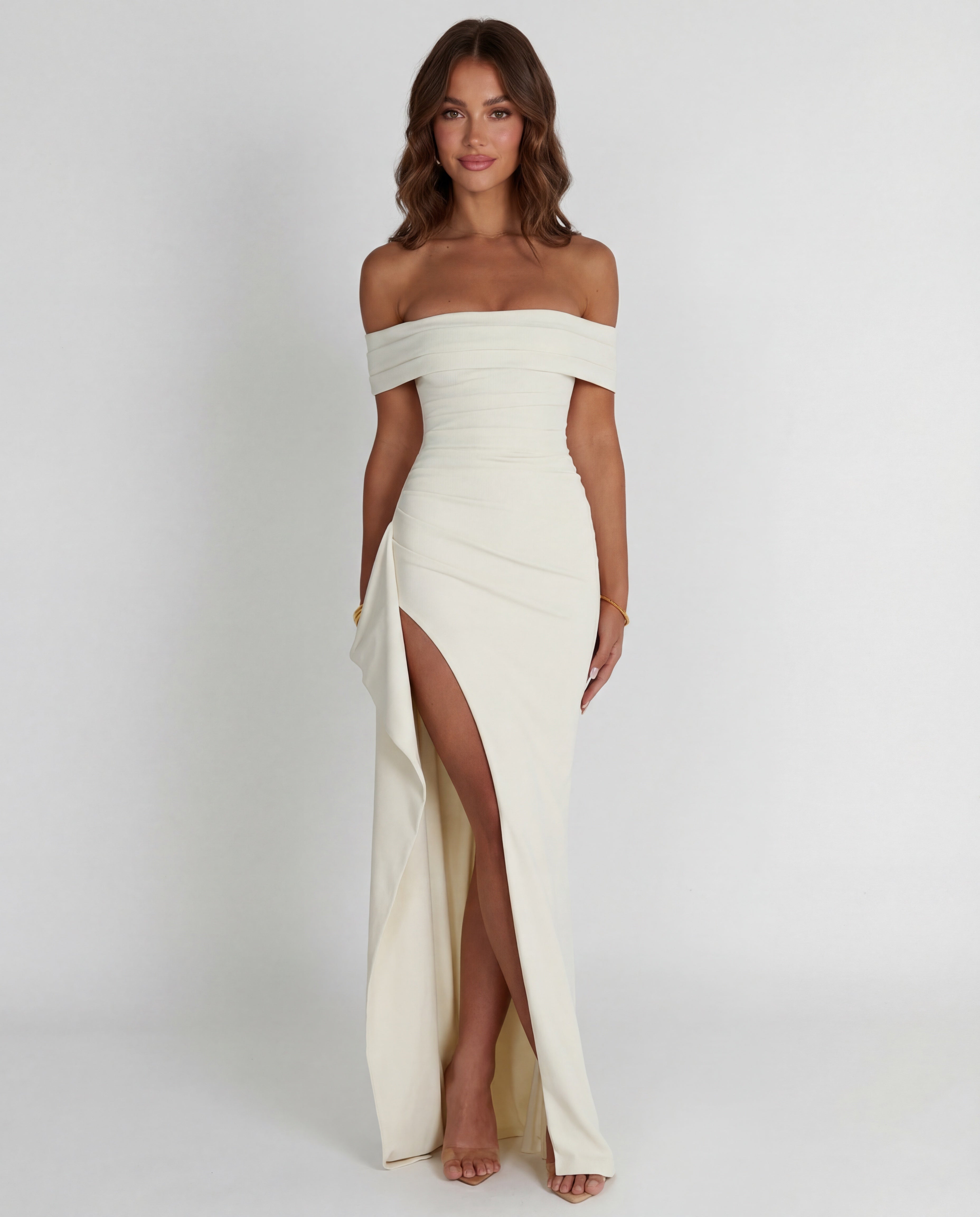 Off-Shoulder Ruched Maxi Dress Women UK – Evening Gown, Formal Occasion