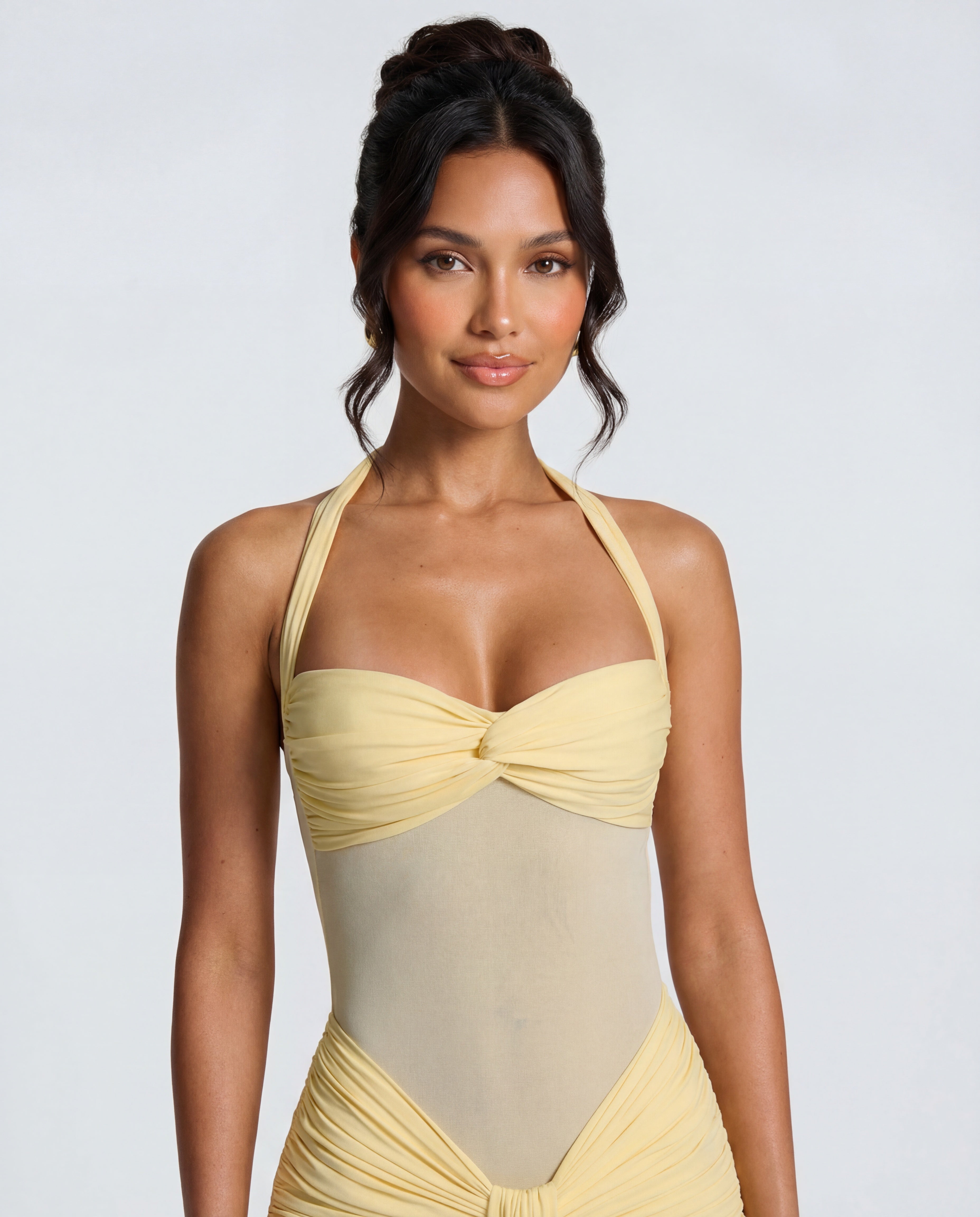 Yellow Ruched Maxi Dress Women UK – Summer Evening Wear, Wedding Guest