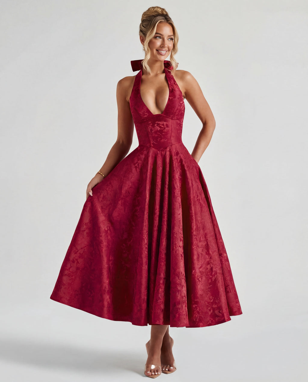 Textured Jacquard Halterneck Midi Dress Women UK – Evening Gown Cocktail Attire, Wedding Guest