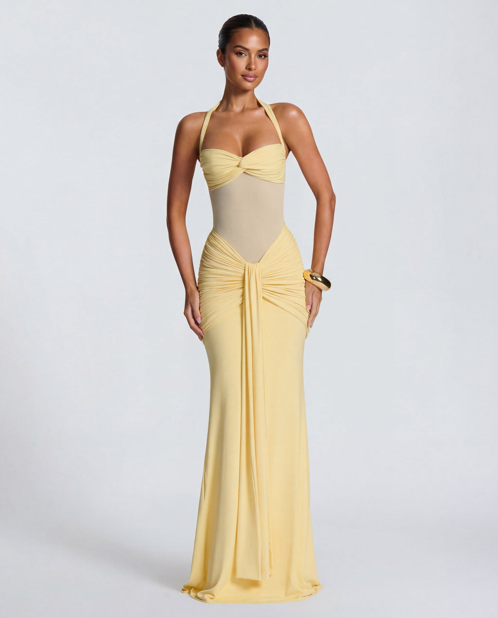 Yellow Ruched Maxi Dress Women UK – Summer Evening Wear, Wedding Guest