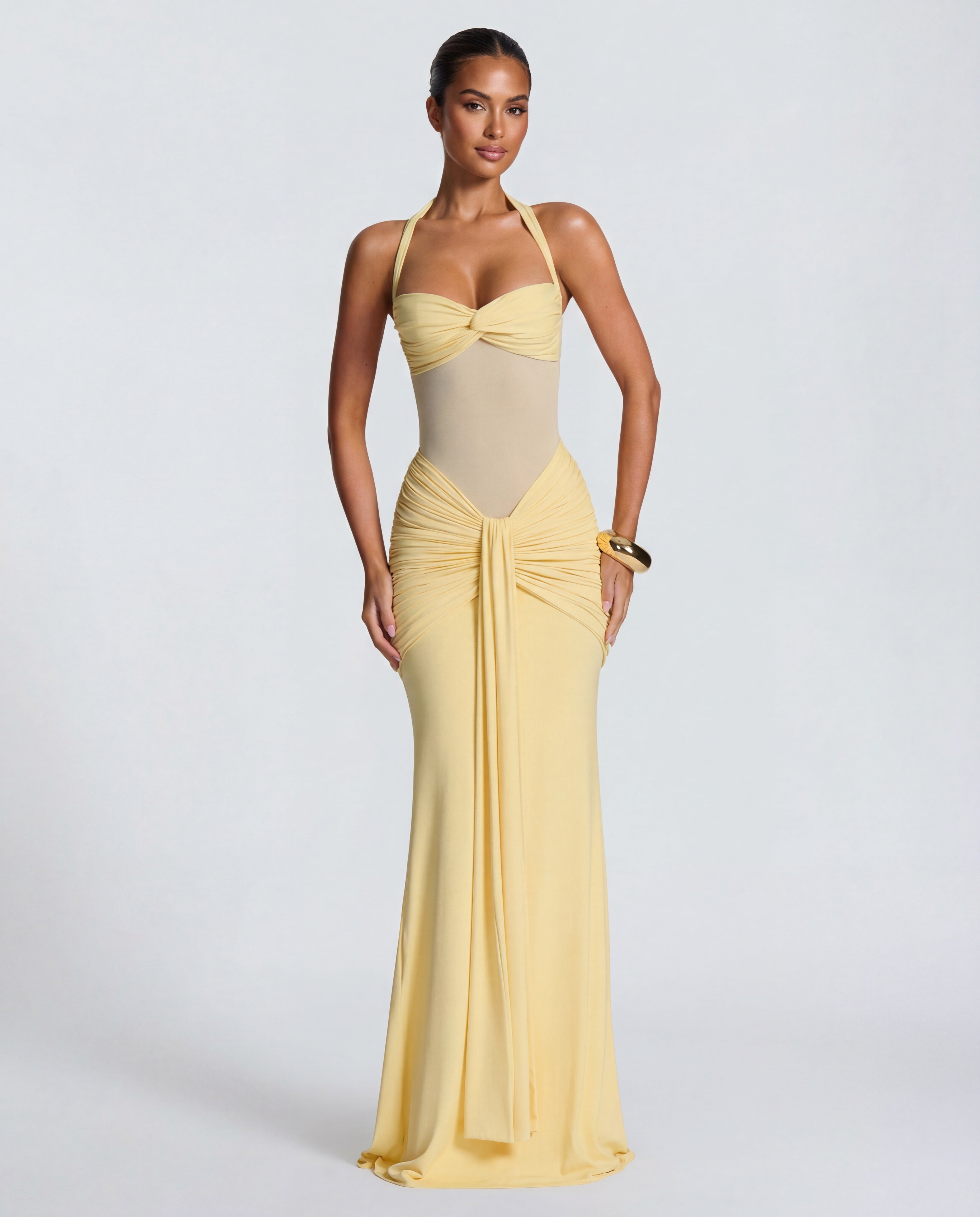Yellow Ruched Maxi Dress Women UK – Summer Evening Wear, Wedding Guest