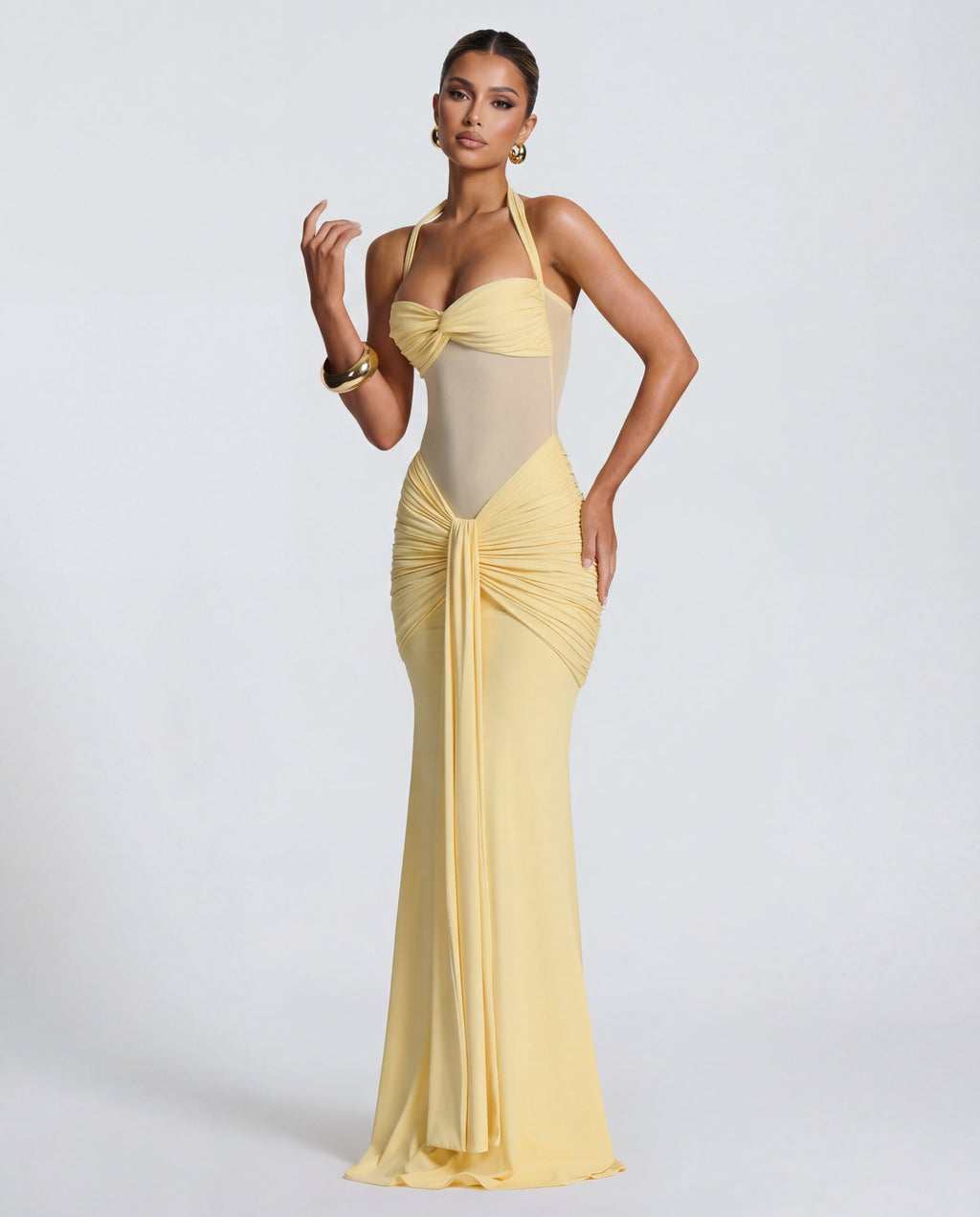Yellow Ruched Maxi Dress Women UK – Summer Evening Wear, Wedding Guest