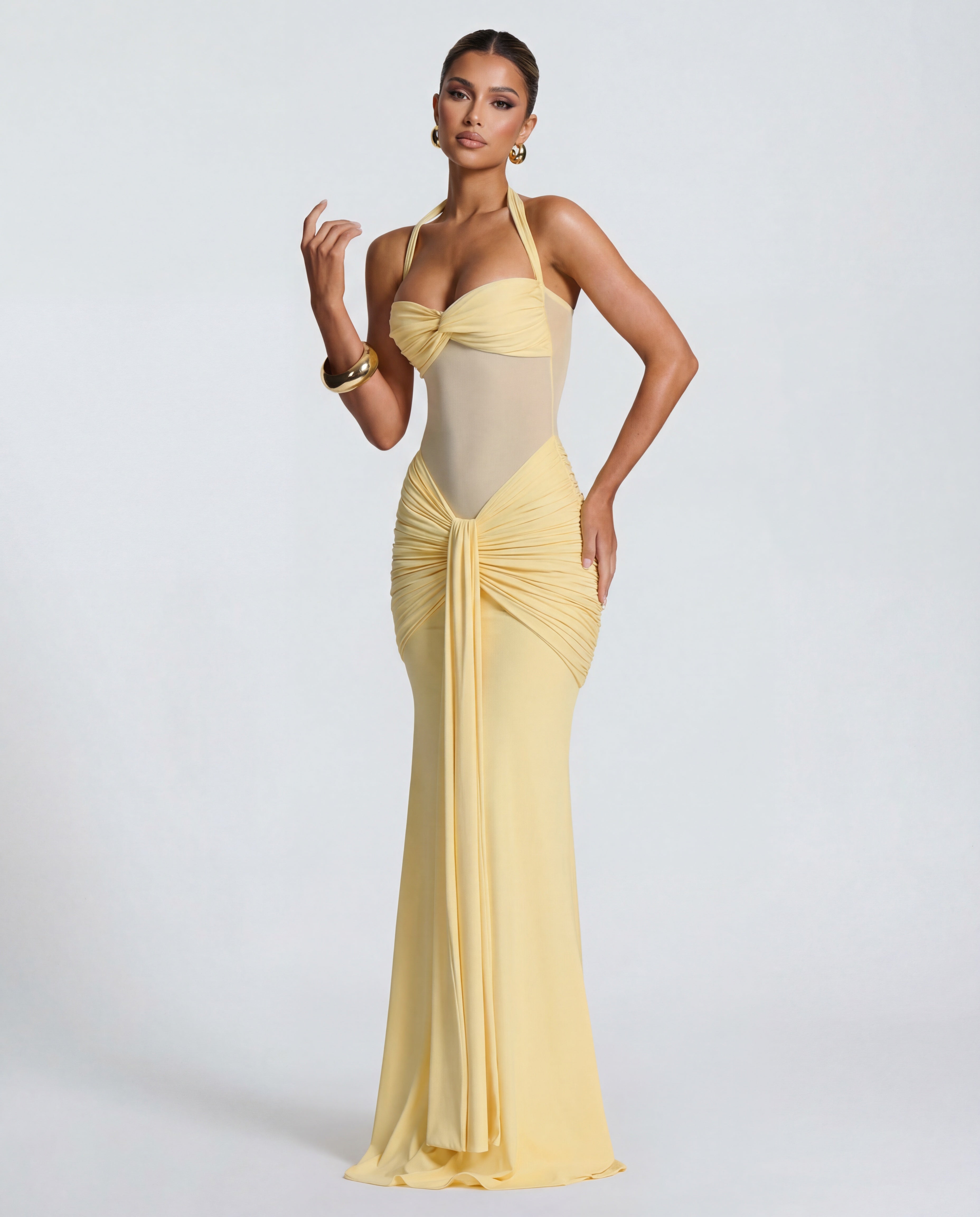 Yellow Ruched Maxi Dress Women UK – Summer Evening Wear, Wedding Guest