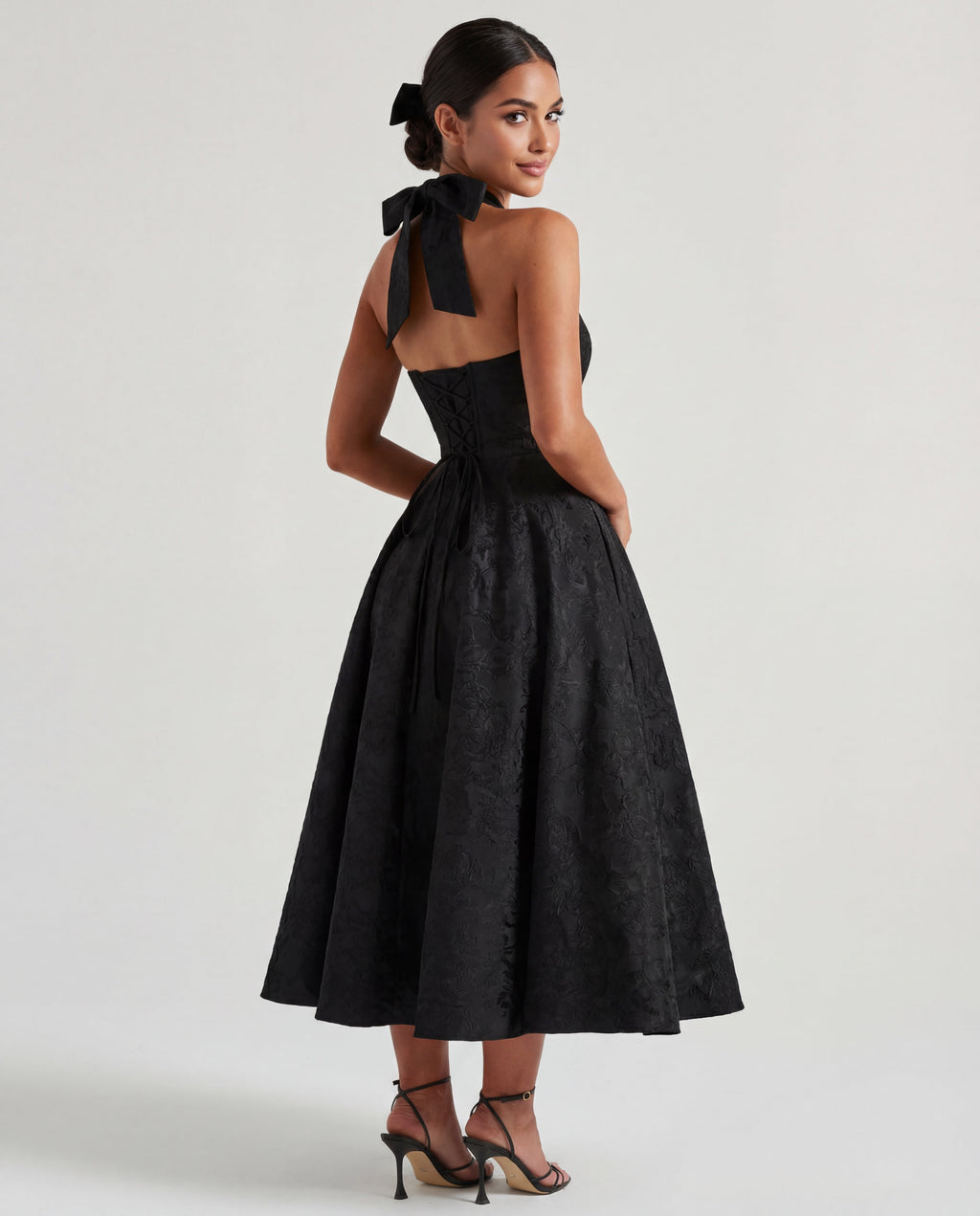 Textured Jacquard Halterneck Midi Dress Women UK – Evening Gown Cocktail Attire, Wedding Guest