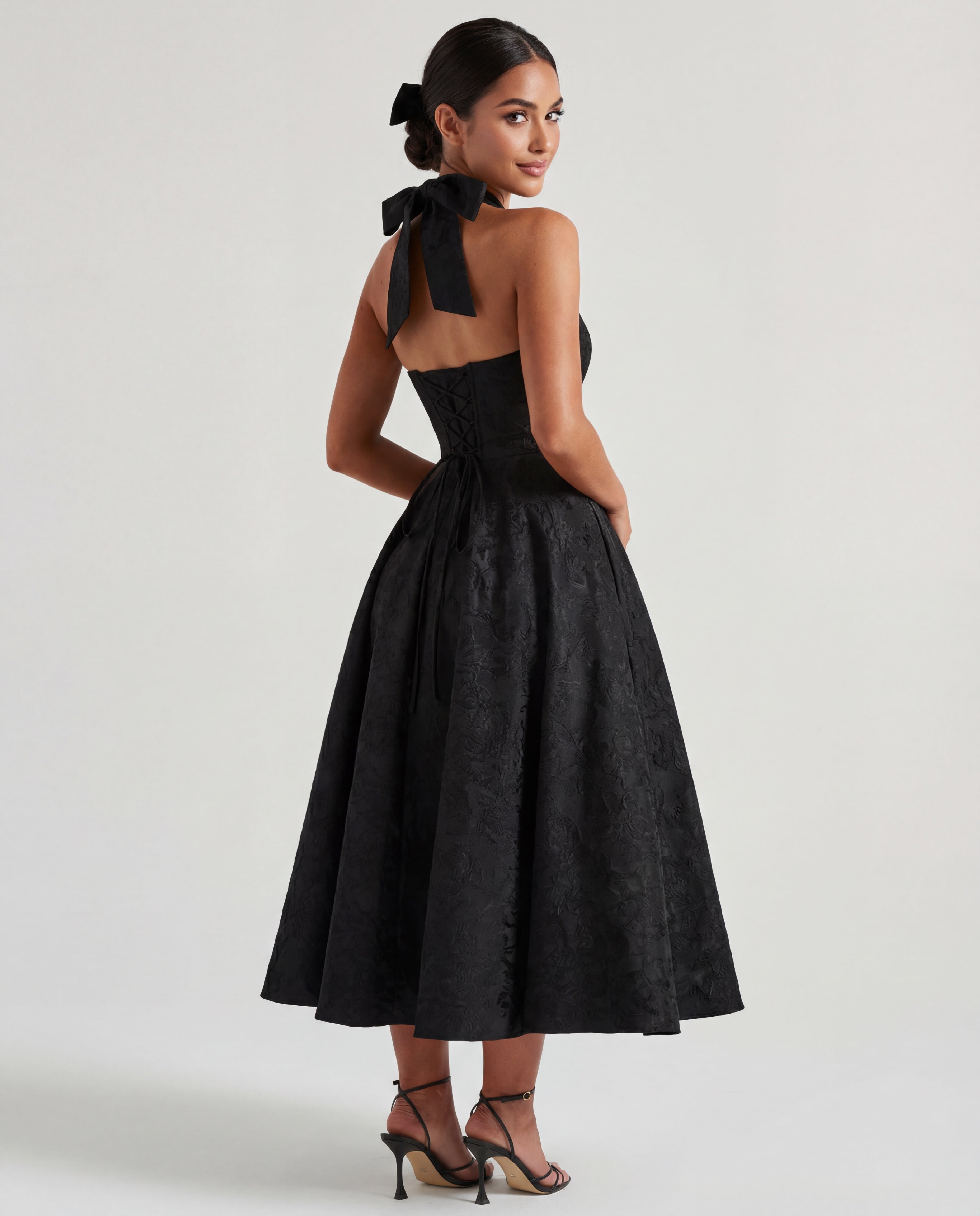 Textured Jacquard Halterneck Midi Dress Women UK – Evening Gown Cocktail Attire, Wedding Guest