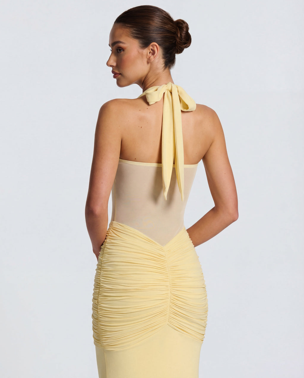 Yellow Ruched Maxi Dress Women UK – Summer Evening Wear, Wedding Guest