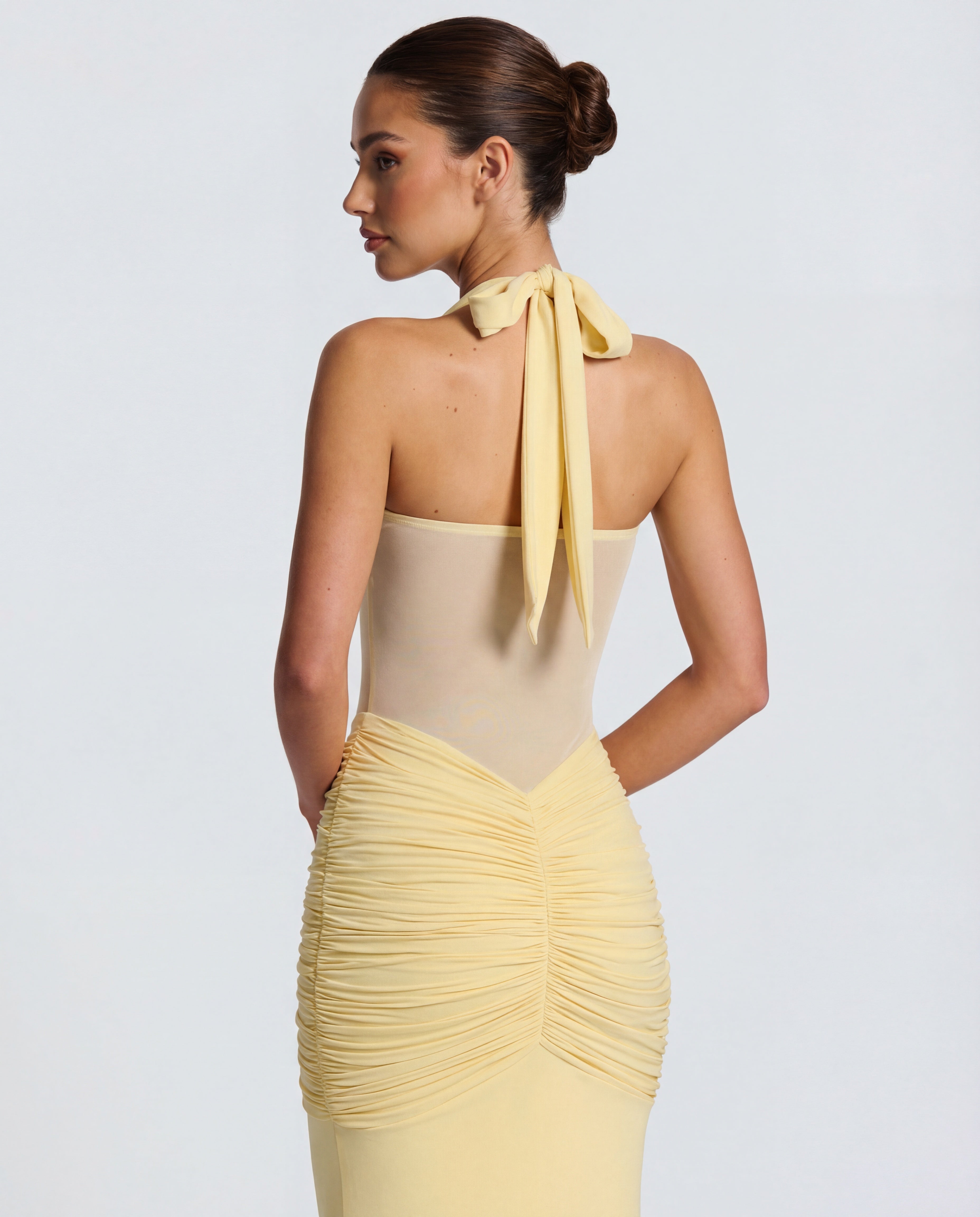 Yellow Ruched Maxi Dress Women UK – Summer Evening Wear, Wedding Guest