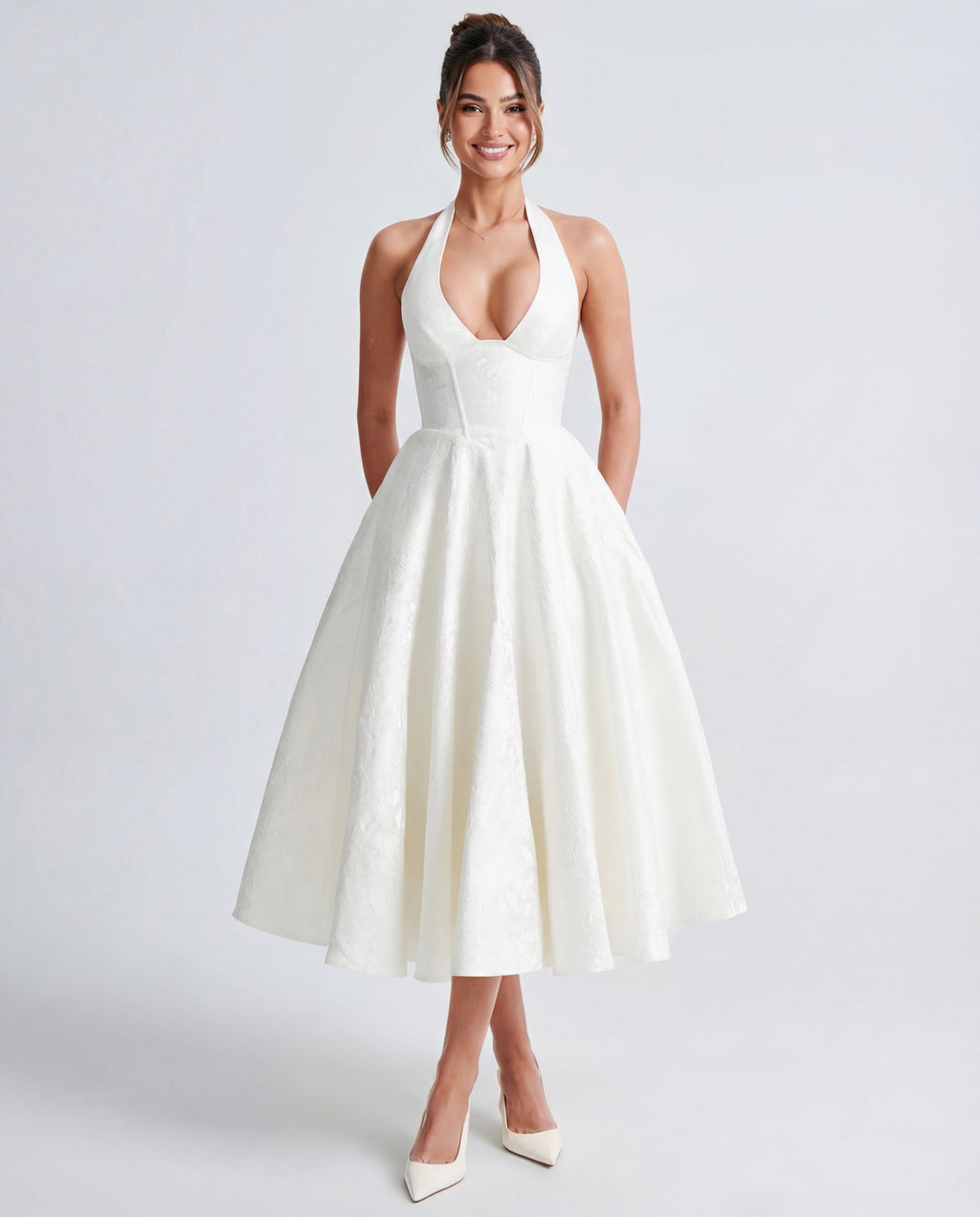 Textured Jacquard Halterneck Midi Dress Women UK – Evening Gown Cocktail Attire, Wedding Guest