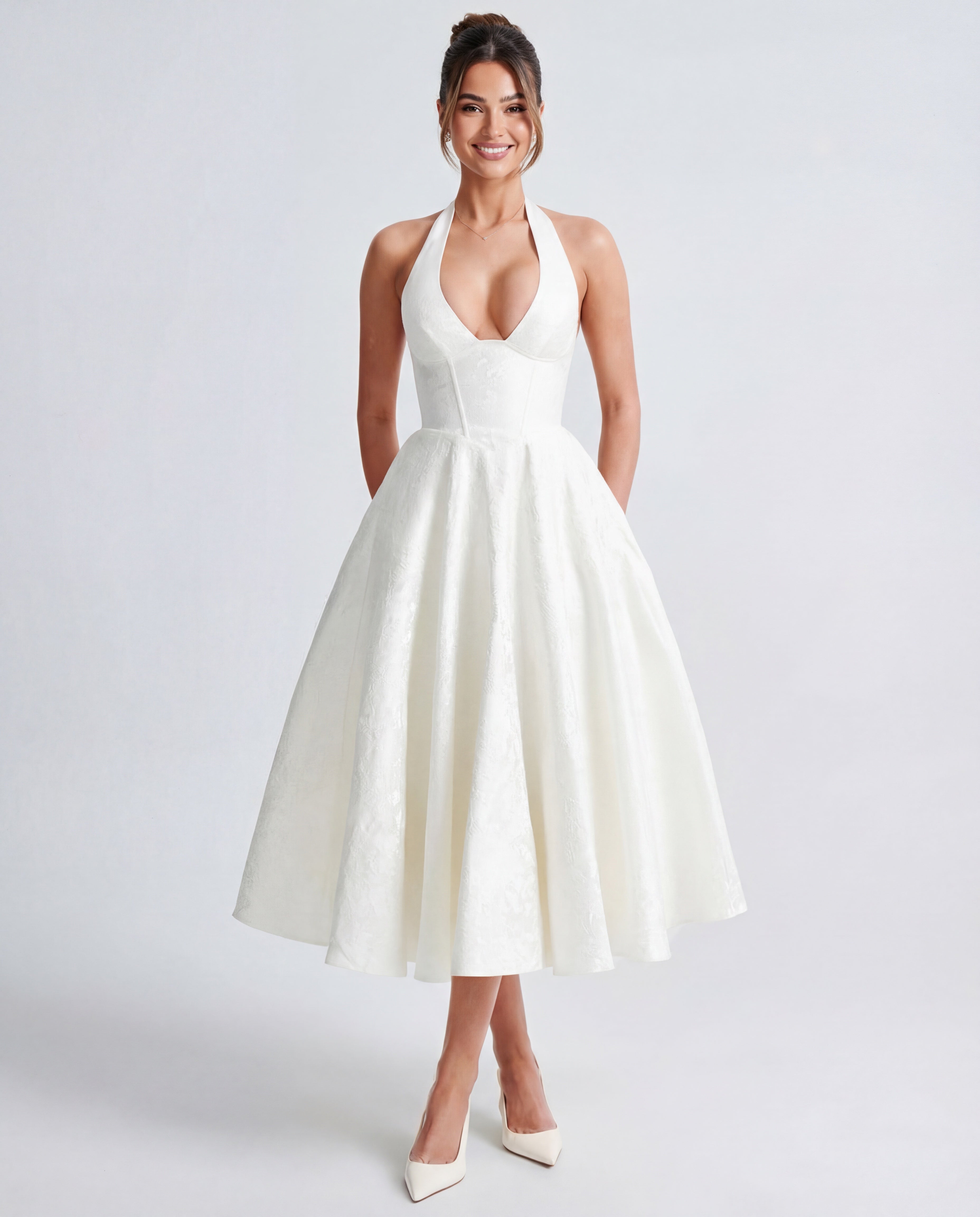 Textured Jacquard Halterneck Midi Dress Women UK – Evening Gown Cocktail Attire, Wedding Guest