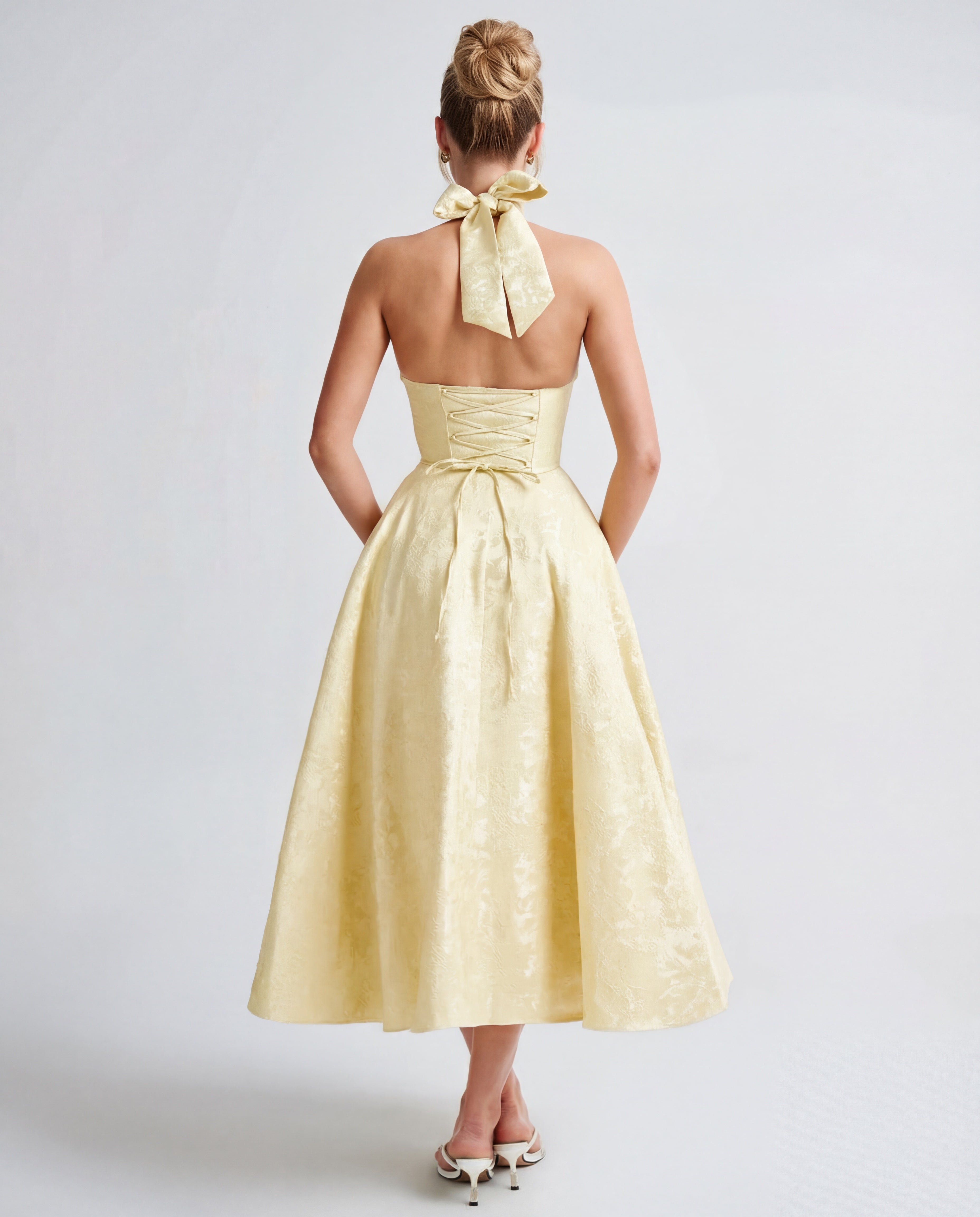 Textured Jacquard Halterneck Midi Dress Women UK – Evening Gown Cocktail Attire, Wedding Guest