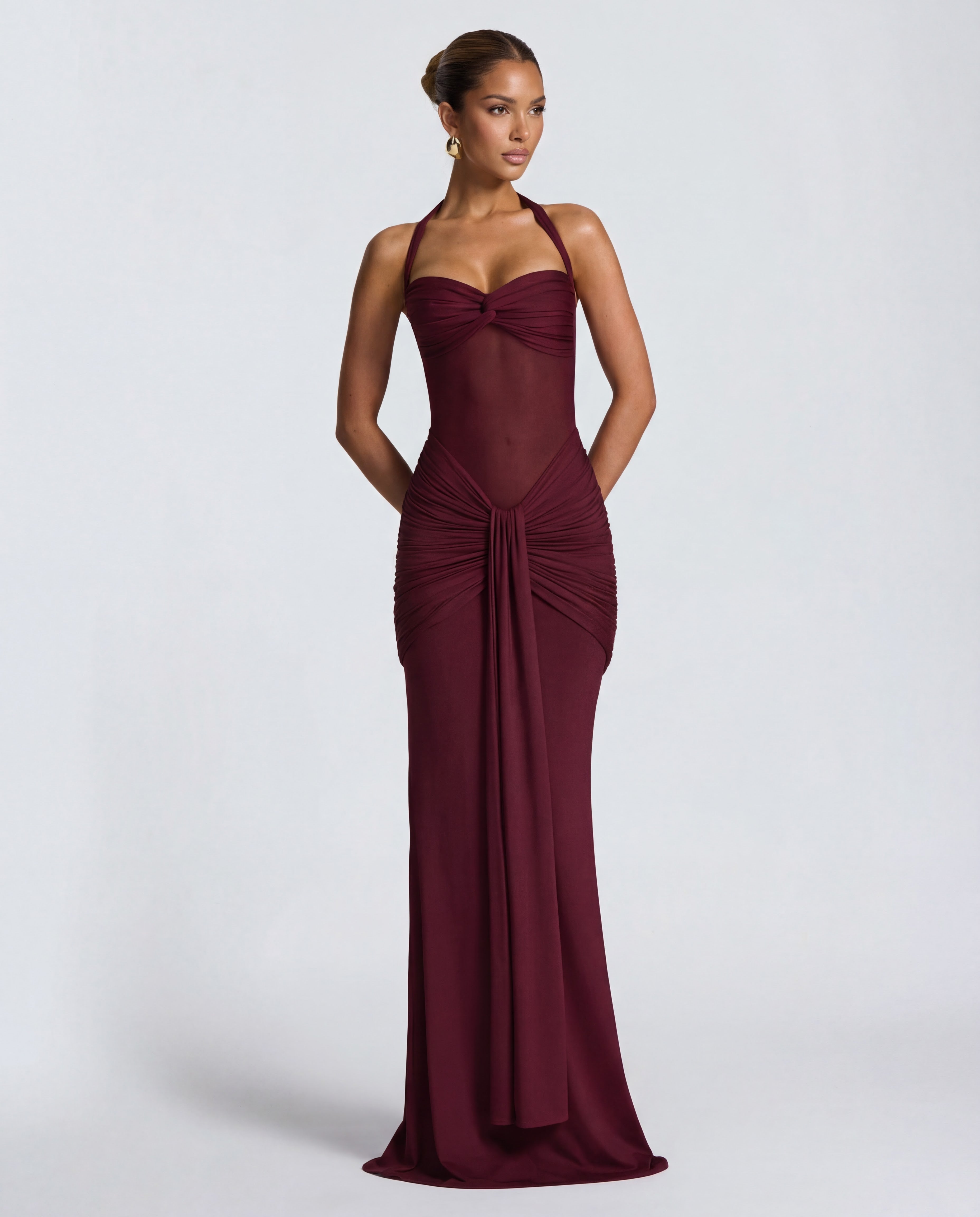 Sheer Mesh Twisted Bust Maxi Dress Women UK – Evening Gown, Wedding Guest