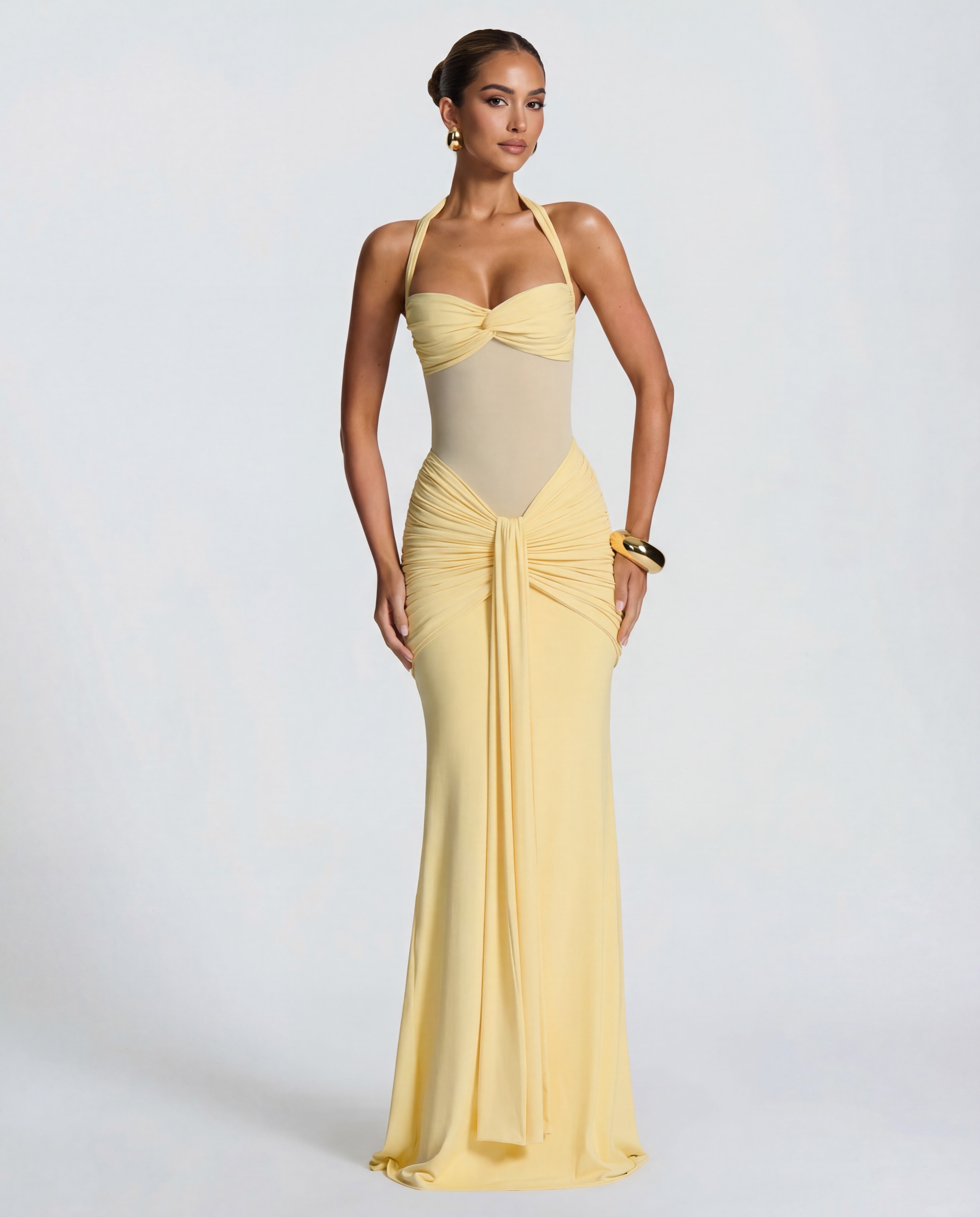 Sheer Mesh Twisted Bust Maxi Dress Women UK – Evening Gown, Wedding Guest