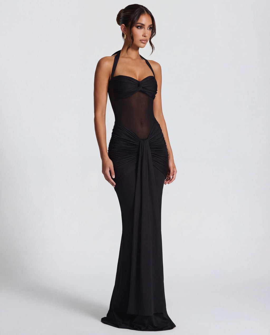 Sheer Mesh Twisted Bust Maxi Dress Women UK – Evening Gown, Wedding Guest