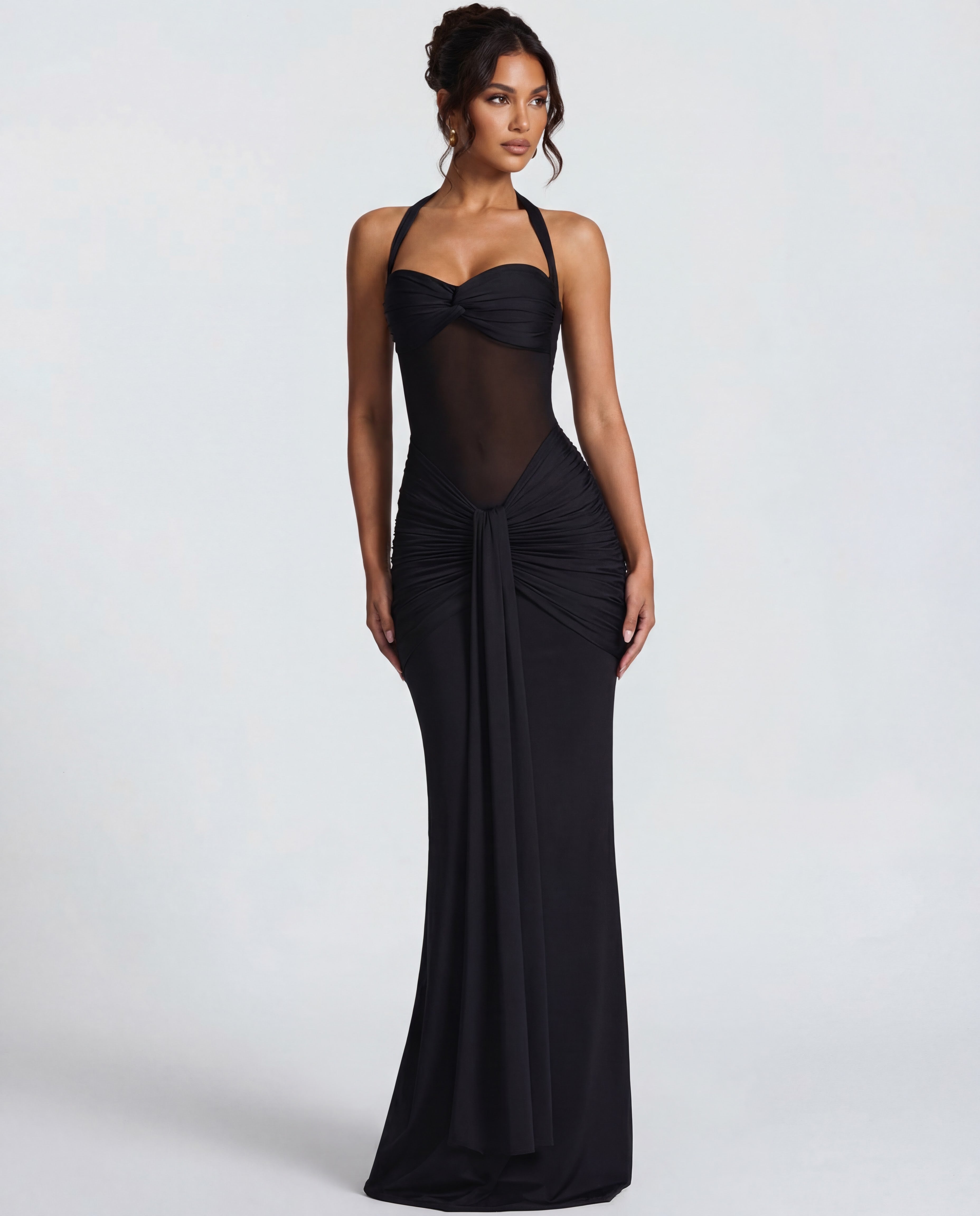 Sheer Mesh Twisted Bust Maxi Dress Women UK – Evening Gown, Wedding Guest