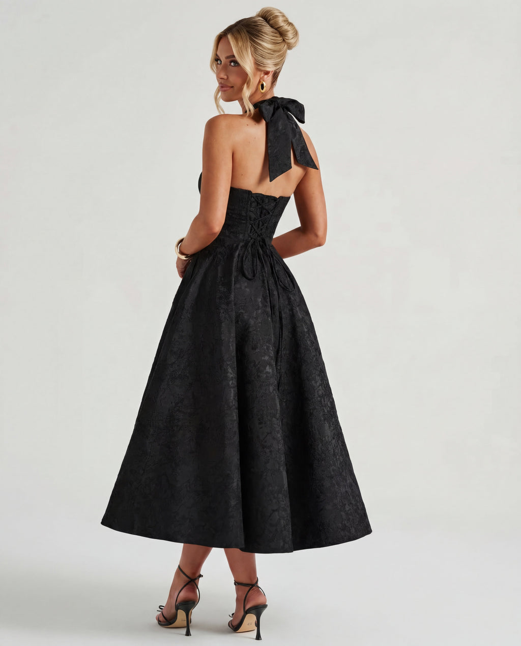 Textured Jacquard Halterneck Midi Dress Women UK – Evening Gown Cocktail Attire, Wedding Guest