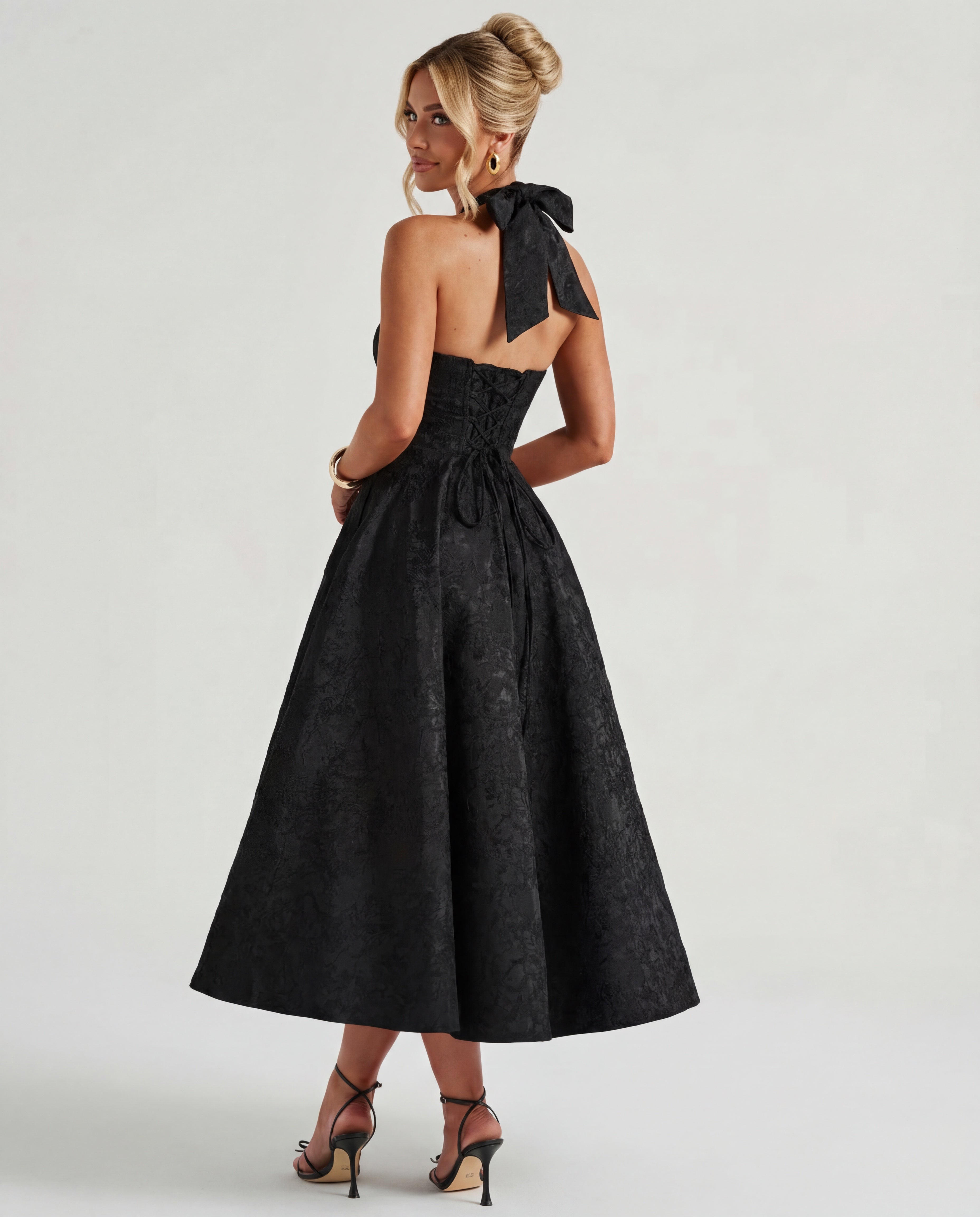 Textured Jacquard Halterneck Midi Dress Women UK – Evening Gown Cocktail Attire, Wedding Guest