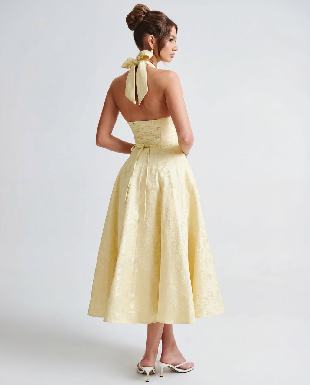 Textured Jacquard Halterneck Midi Dress Women UK – Evening Gown Cocktail Attire, Wedding Guest