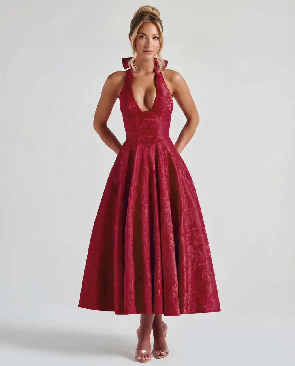 Textured Jacquard Halterneck Midi Dress Women UK – Evening Gown Cocktail Attire, Wedding Guest