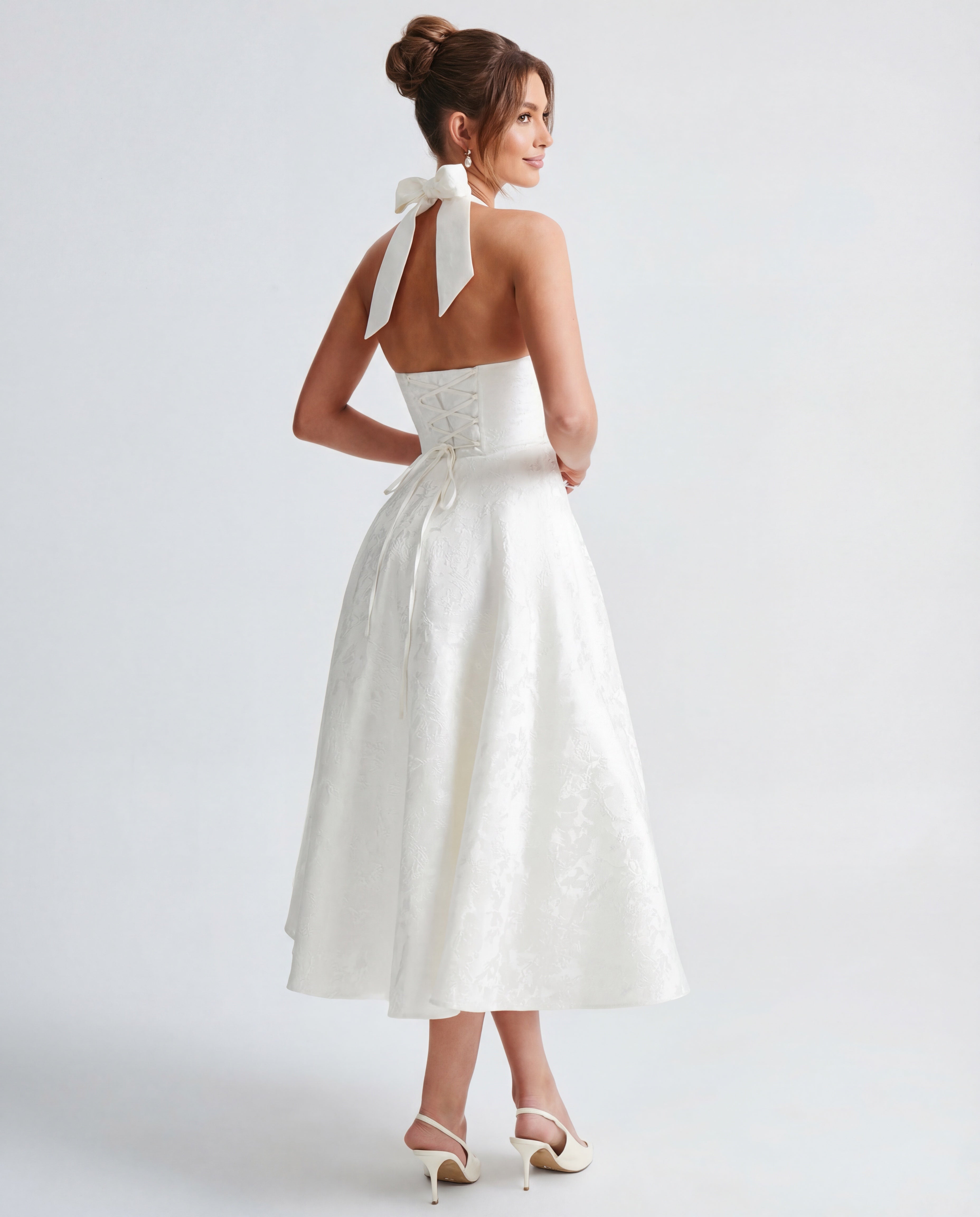 Textured Jacquard Halterneck Midi Dress Women UK – Evening Gown Cocktail Attire, Wedding Guest