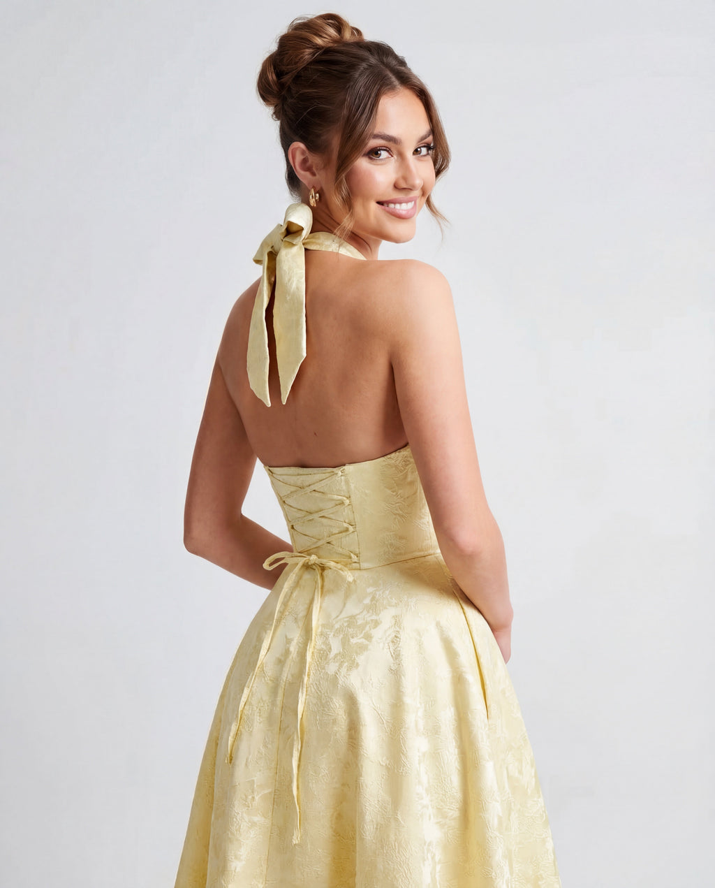 Textured Jacquard Halterneck Midi Dress Women UK – Evening Gown Cocktail Attire, Wedding Guest