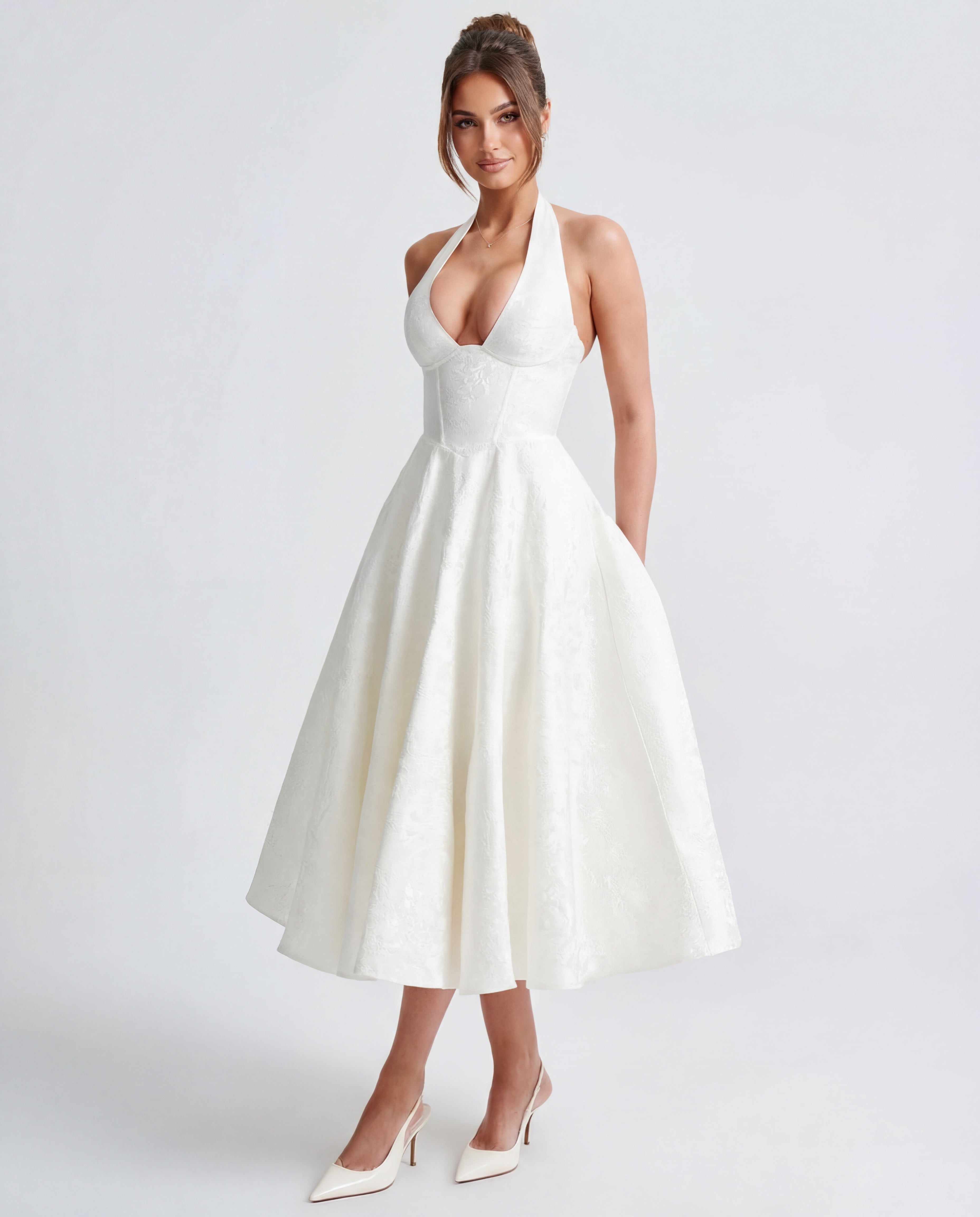 Textured Jacquard Halterneck Midi Dress Women UK – Evening Gown Cocktail Attire, Wedding Guest