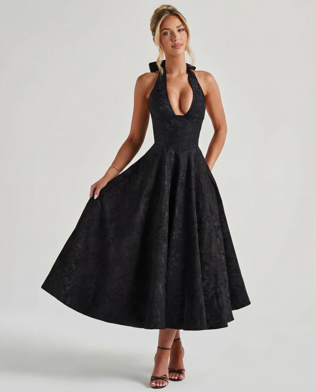 Textured Jacquard Halterneck Midi Dress Women UK – Evening Gown Cocktail Attire, Wedding Guest