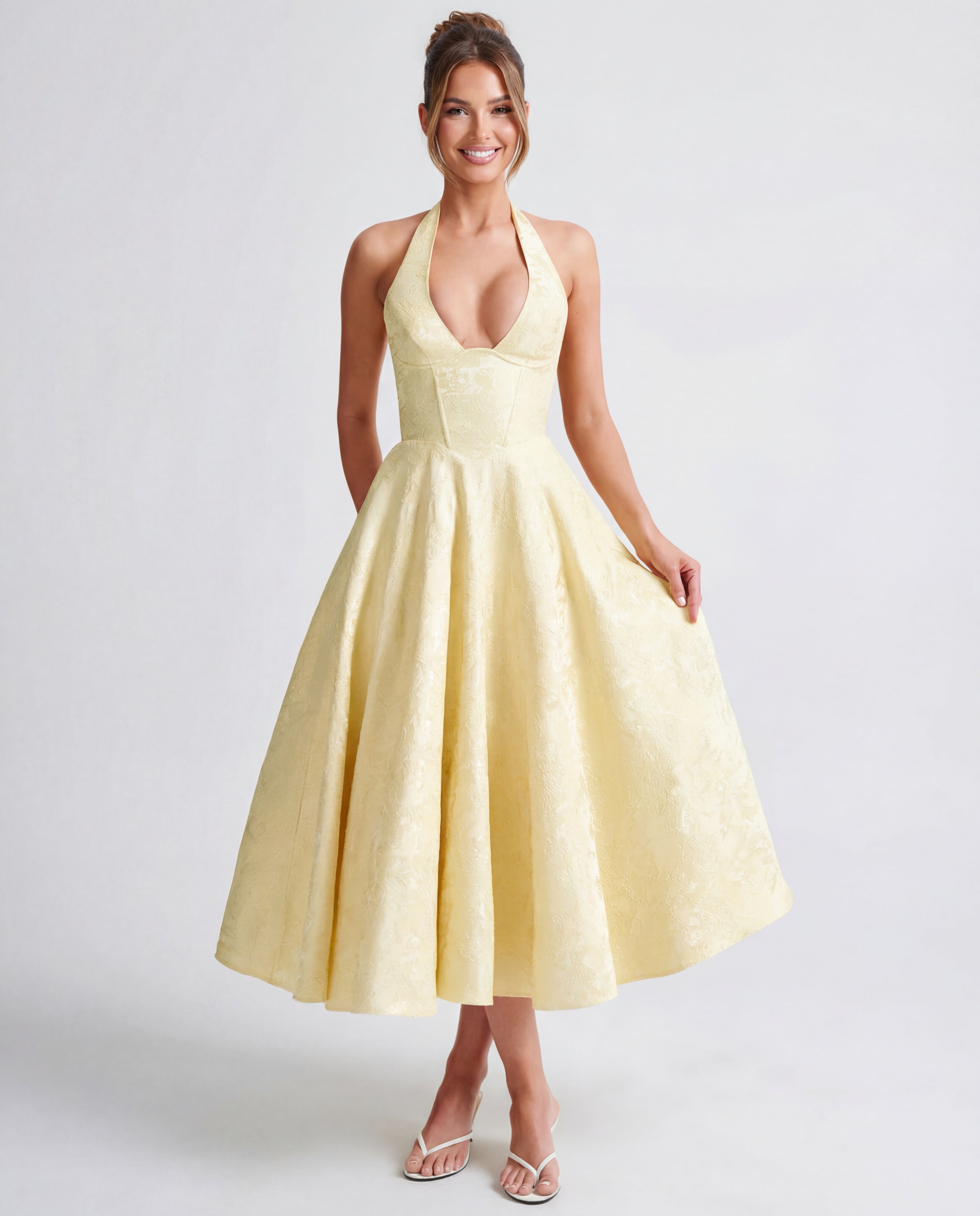 Textured Jacquard Halterneck Midi Dress Women UK – Evening Gown Cocktail Attire, Wedding Guest