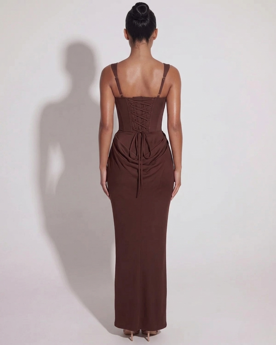 Maxi Dress with Structured Lace-Up Design - Elegant Evening Wear in Midnight