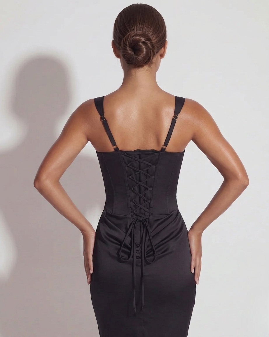 Maxi Dress with Structured Lace-Up Design - Elegant Evening Wear in Midnight