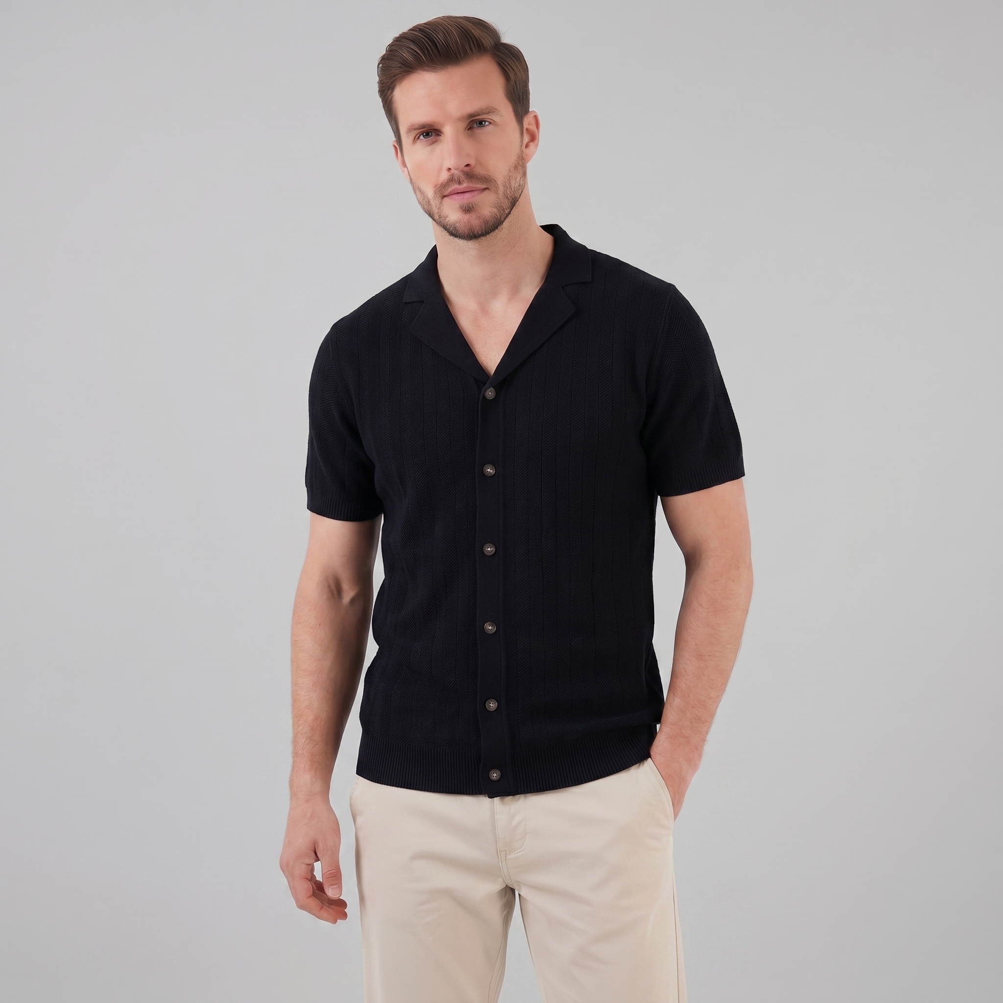 Men's Knit Button-Up Shirt - Soft Fabric, Casual Style for Everyday Wear