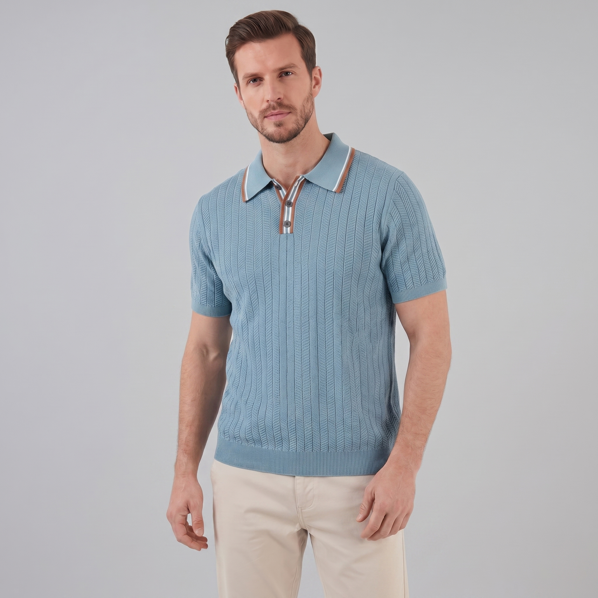 Men's Knit Polo Shirt - Contrast Collar, Casual Style for Everyday Wear