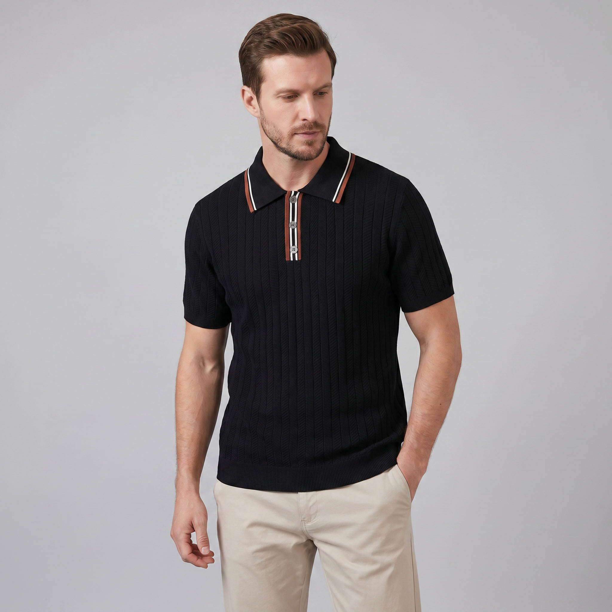 Men's Knit Polo Shirt - Contrast Collar, Casual Style for Everyday Wear