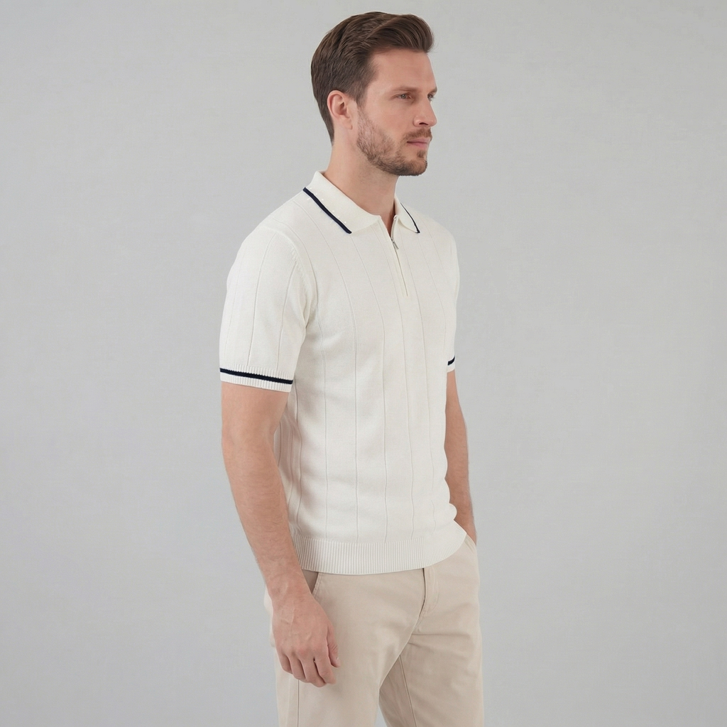 Men's Knit Polo Shirt - Retro Accents - Casual Wear - Comfortable Fit